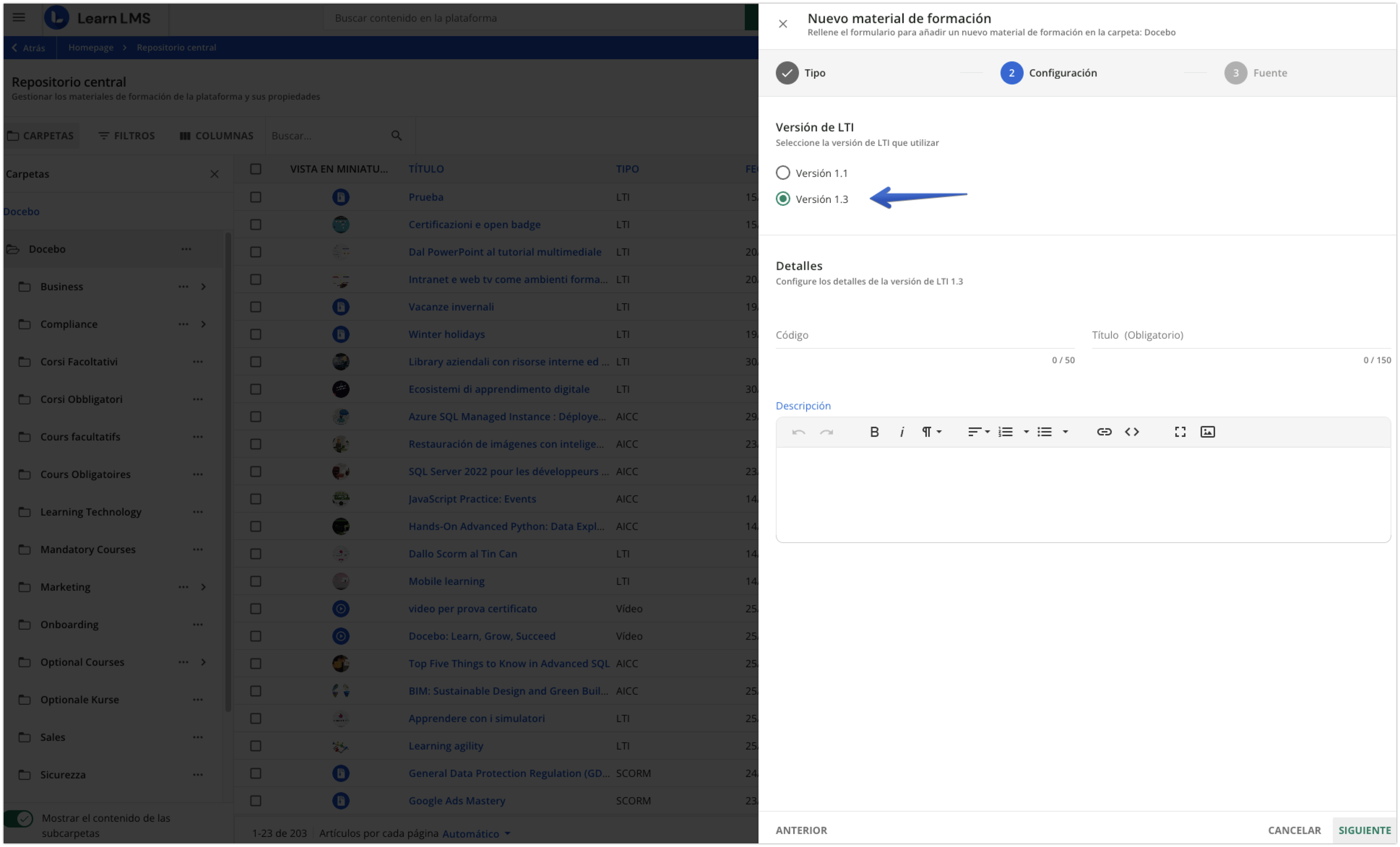 Subida de material LTI 1.3 al Repositorio central