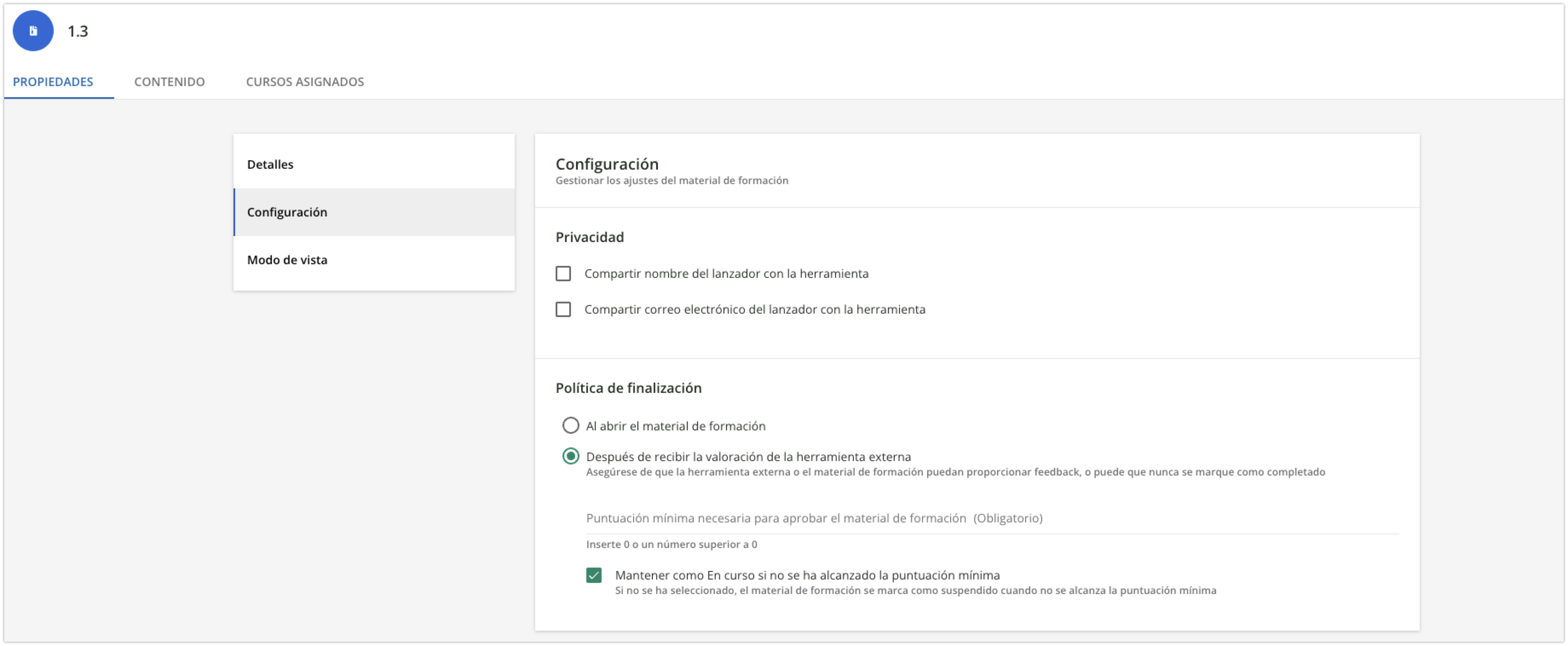 Pestaña Configuración del material de formación LTI