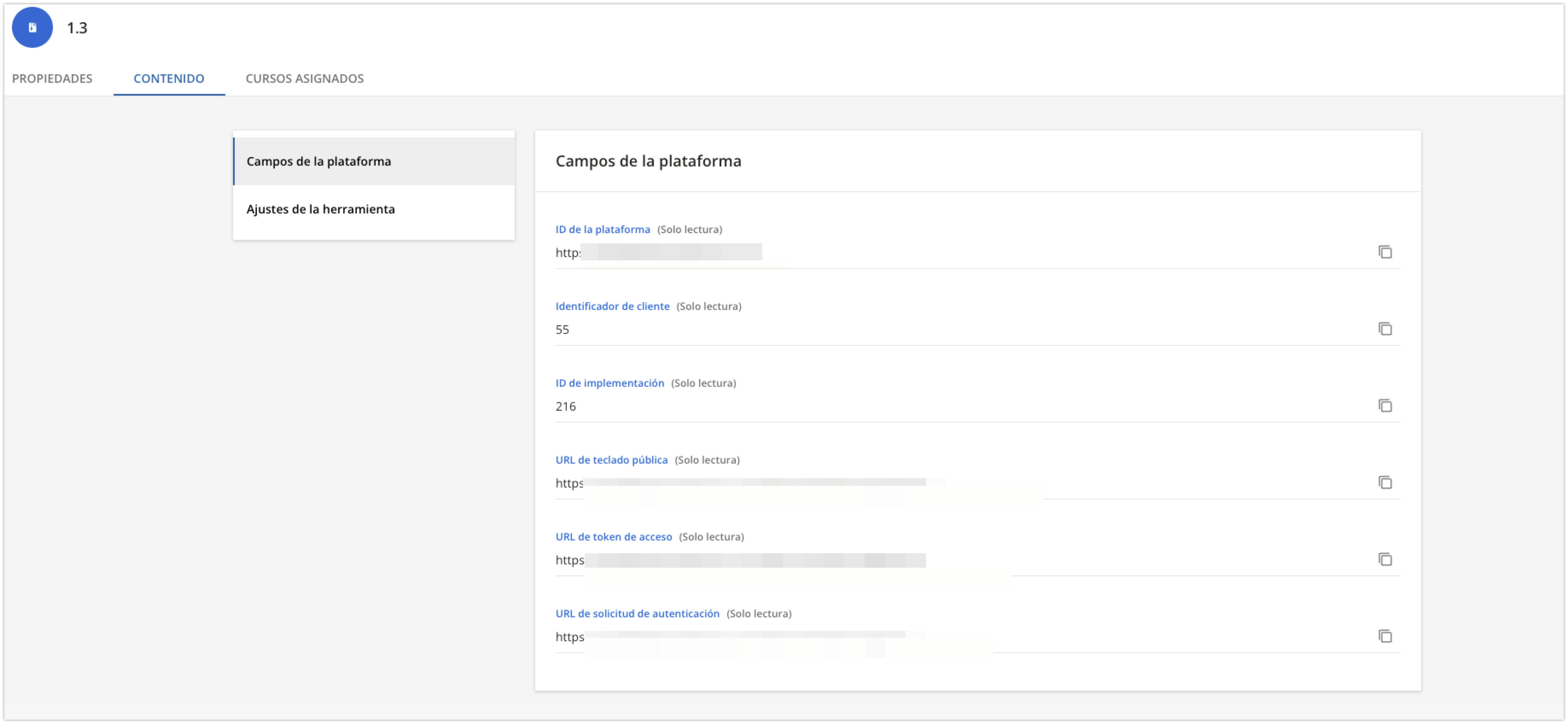 Pestaña Contenido, Campos de la platforma del material de formación
