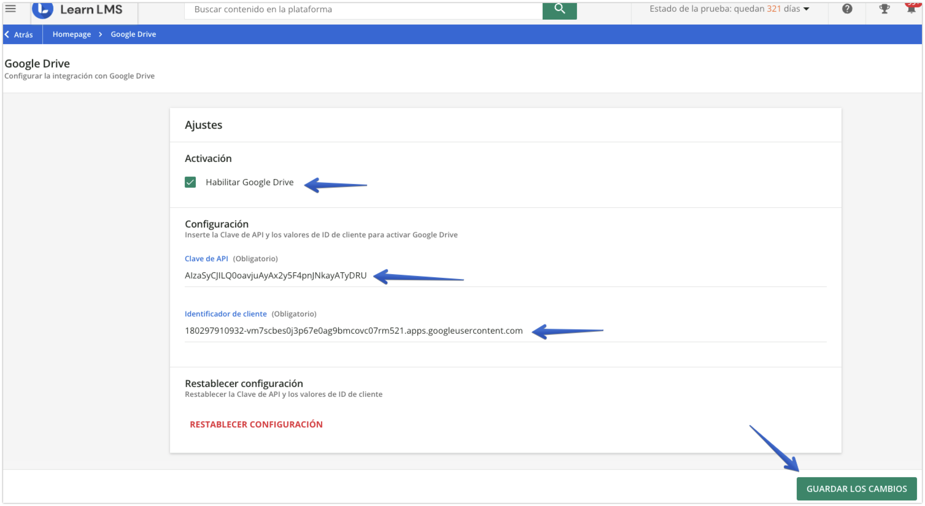 Panel de configuración de Google Drive en Docebo
