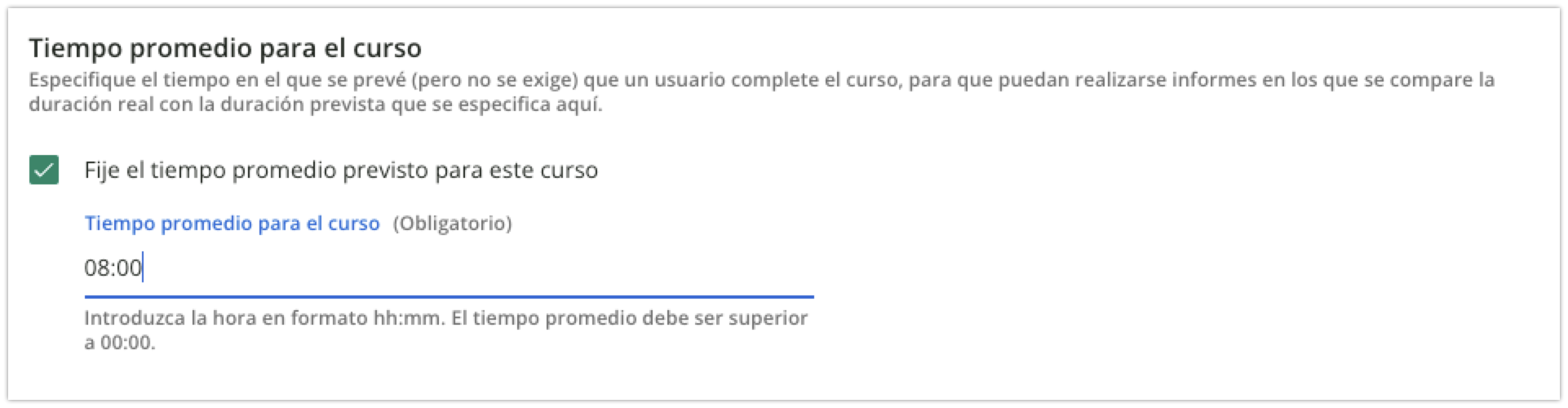 Área Tiempo promedio para el curso