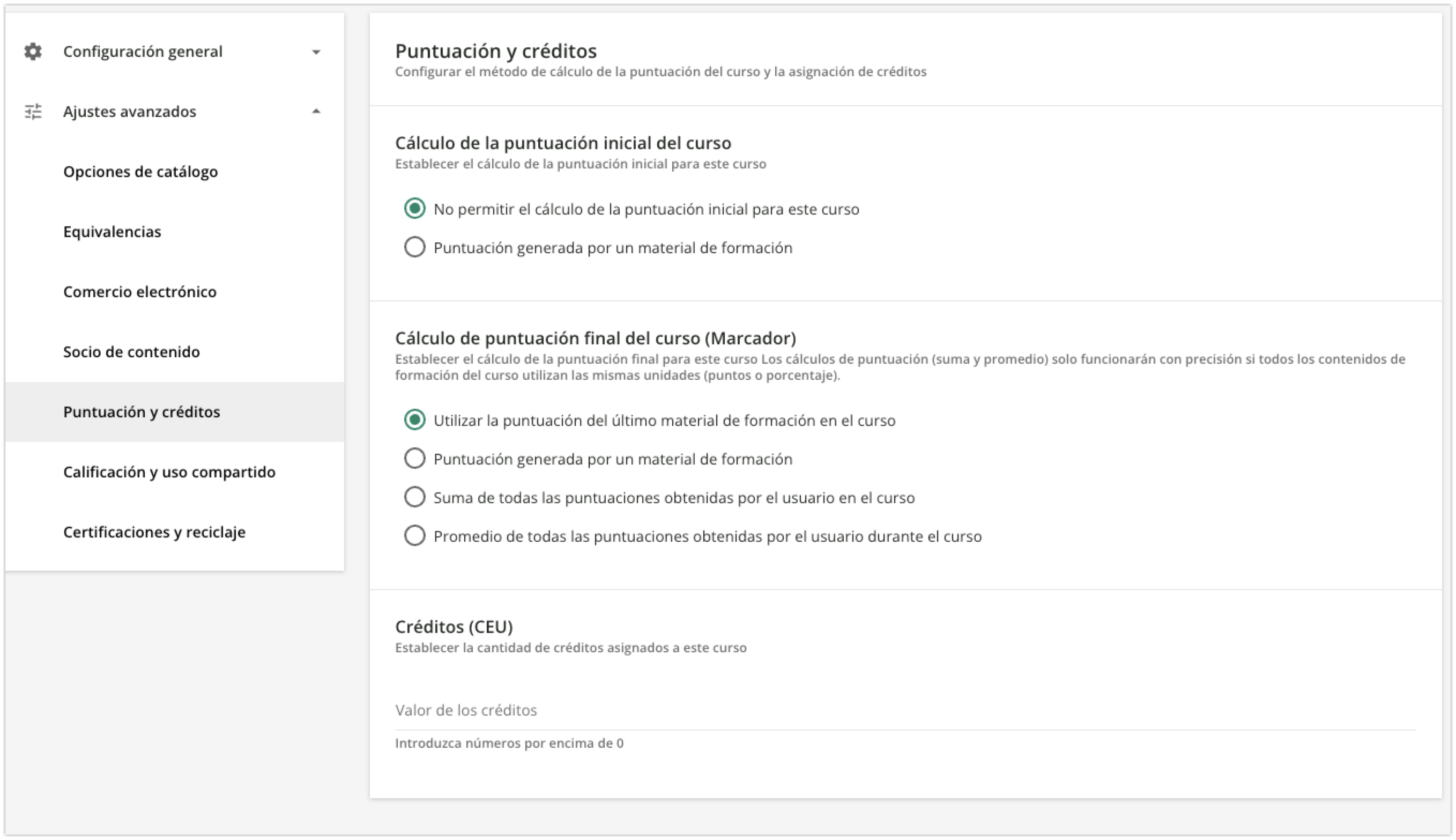 Área Puntuación y créditos