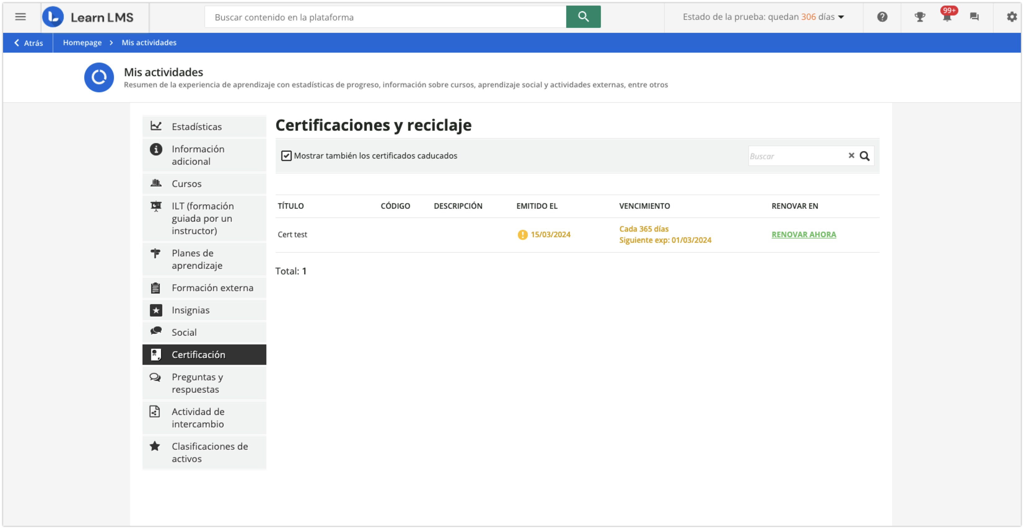 Consulta de las certificaciones desde Mis actividades