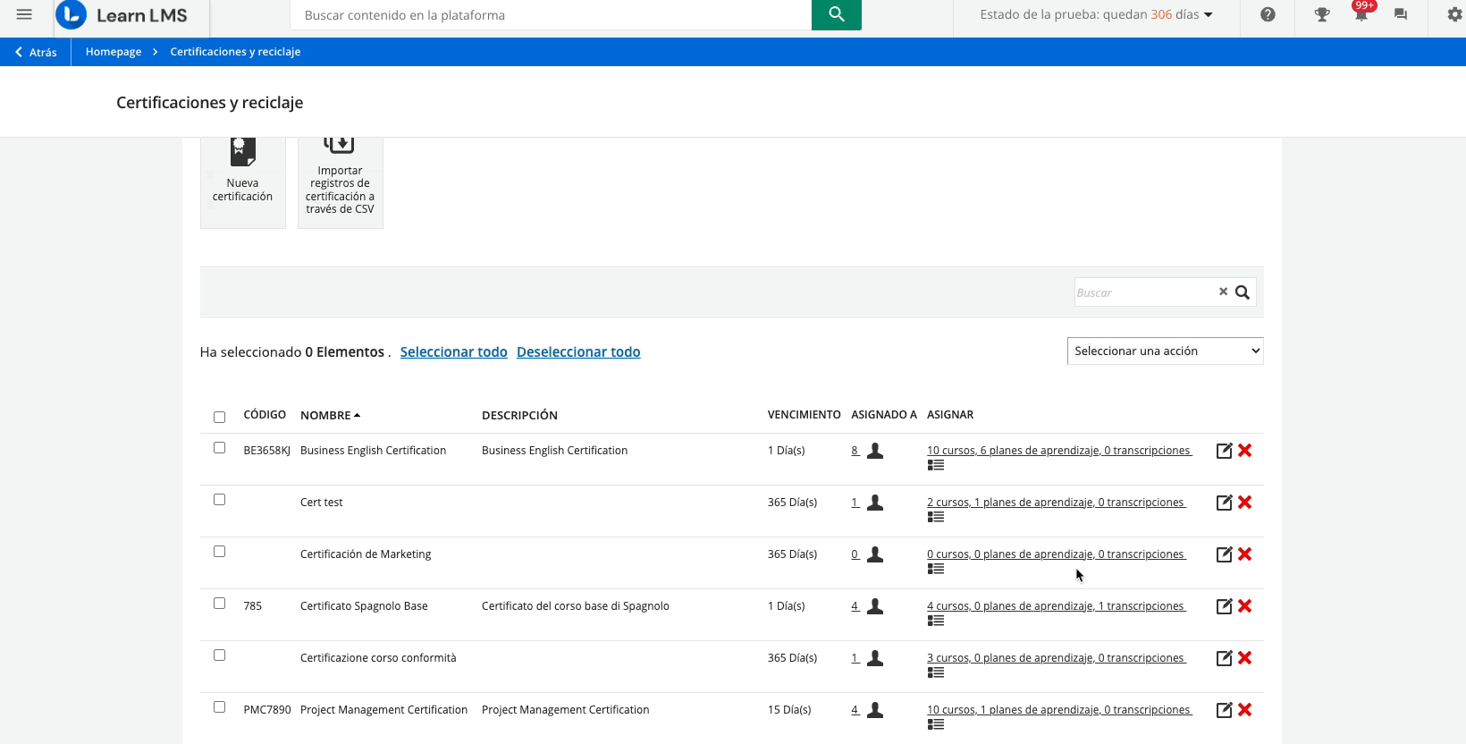 Asignación de elementos a una certificación