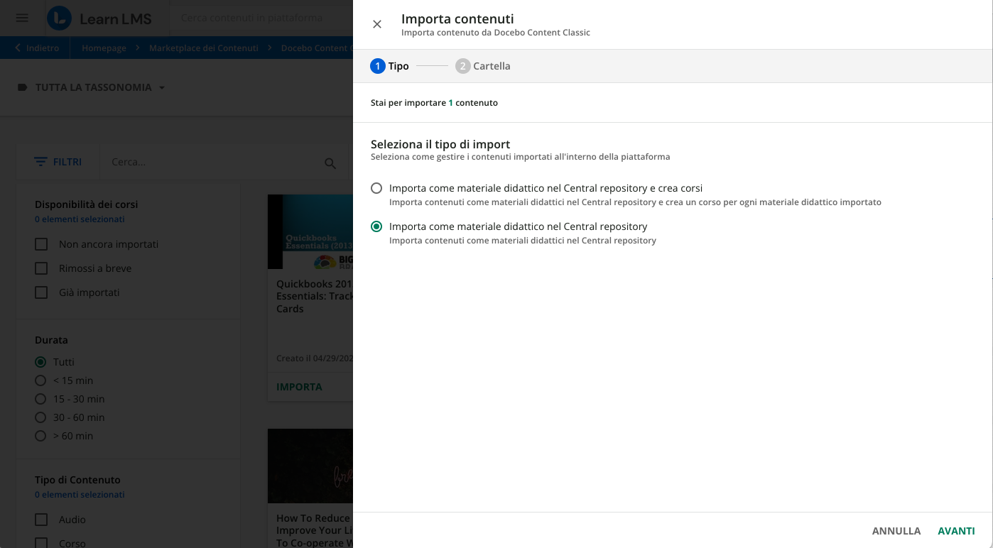 Importare un singolo contenuto in piattaforma come materiale didattico
