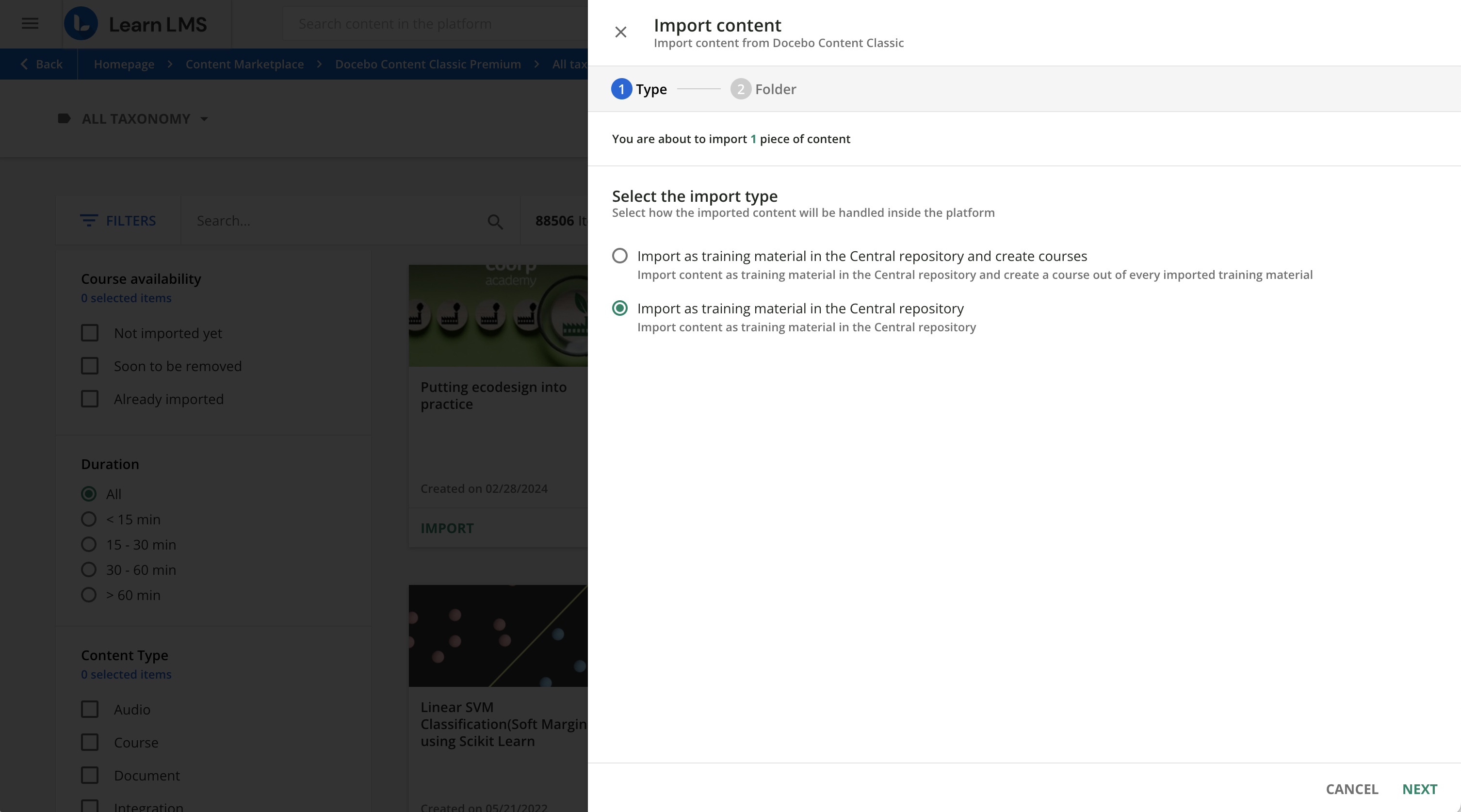 Importing a single piece of content into the platform as training material