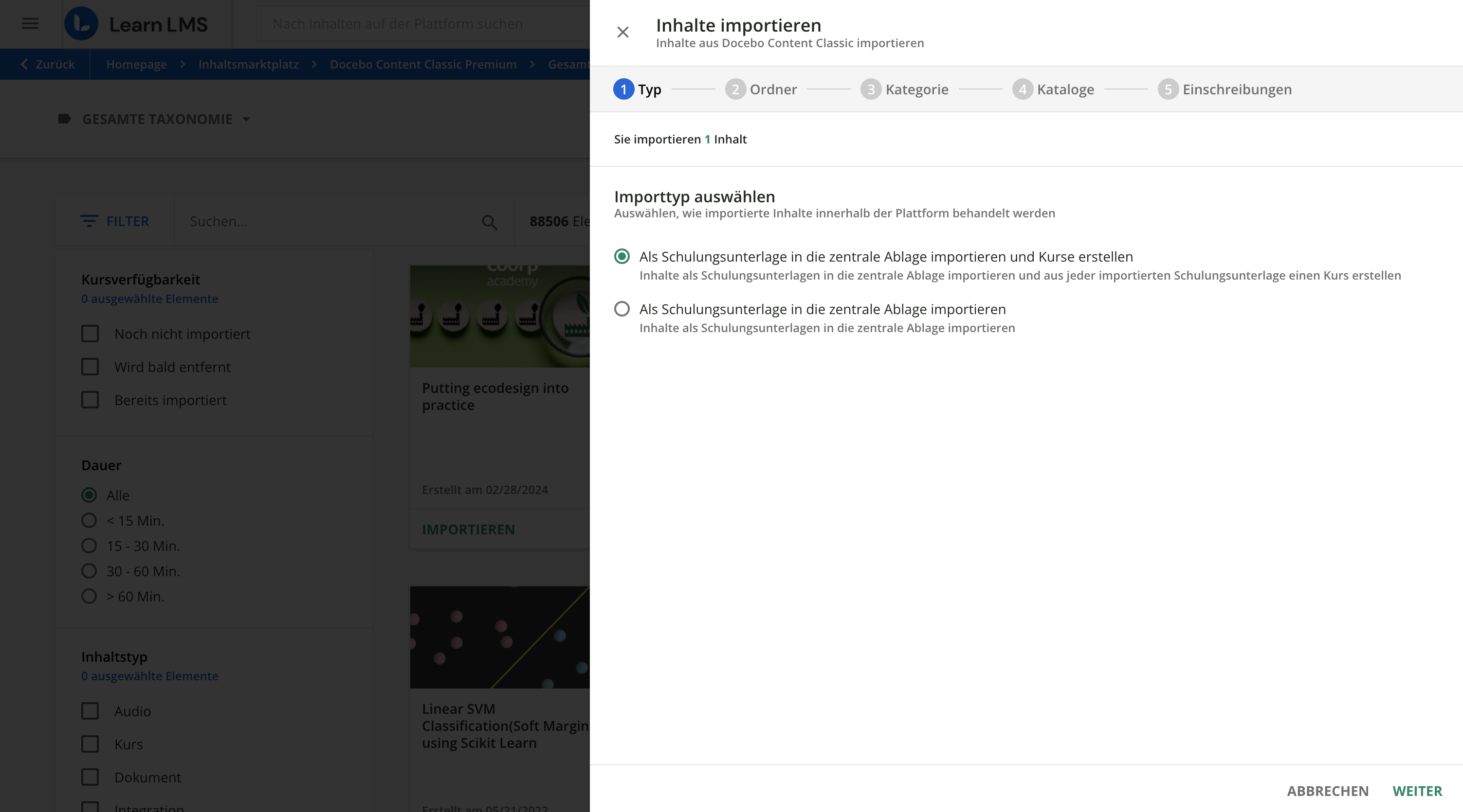 Importieren eines einzelnen Inhalts in die Plattform als Kurs