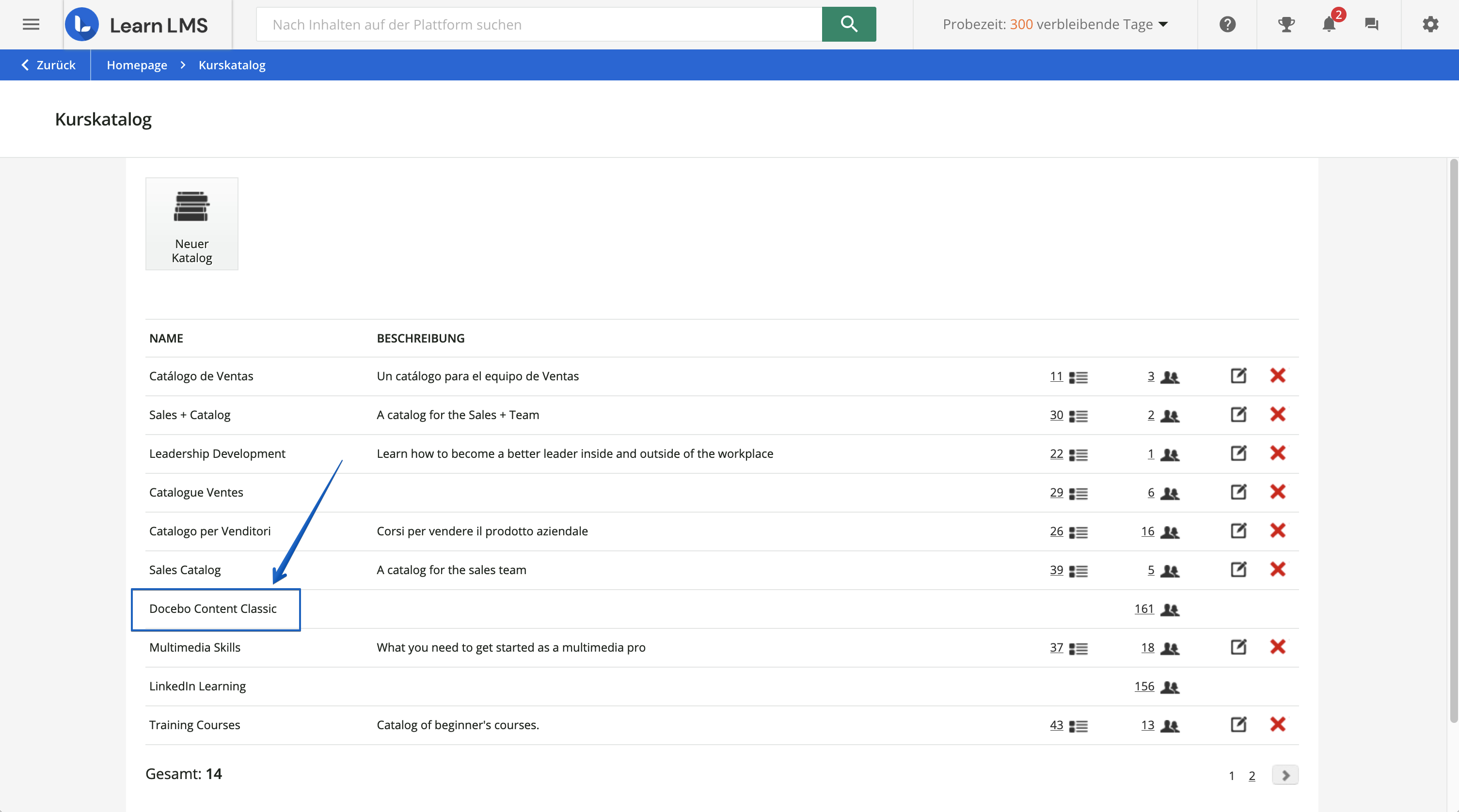 Verwalten des Docebo Content Classic-Katalogs in Docebo Learn