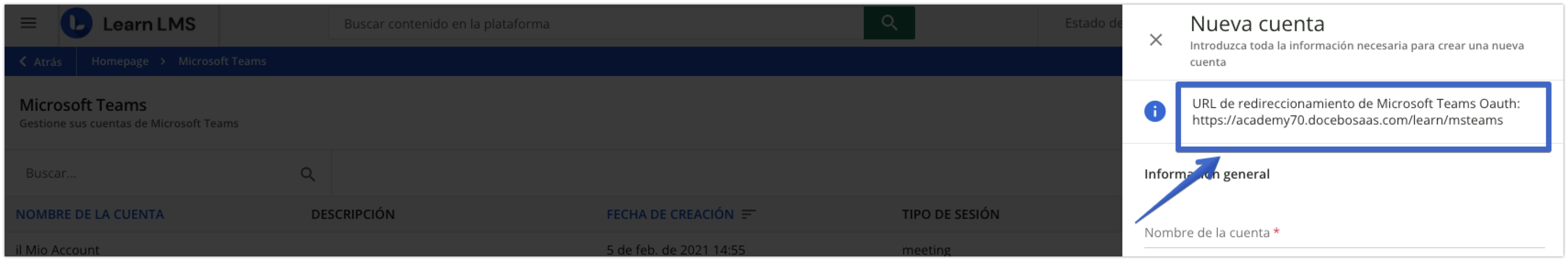 URL de redireccionamiento en el panel desplegable Nueva cuenta