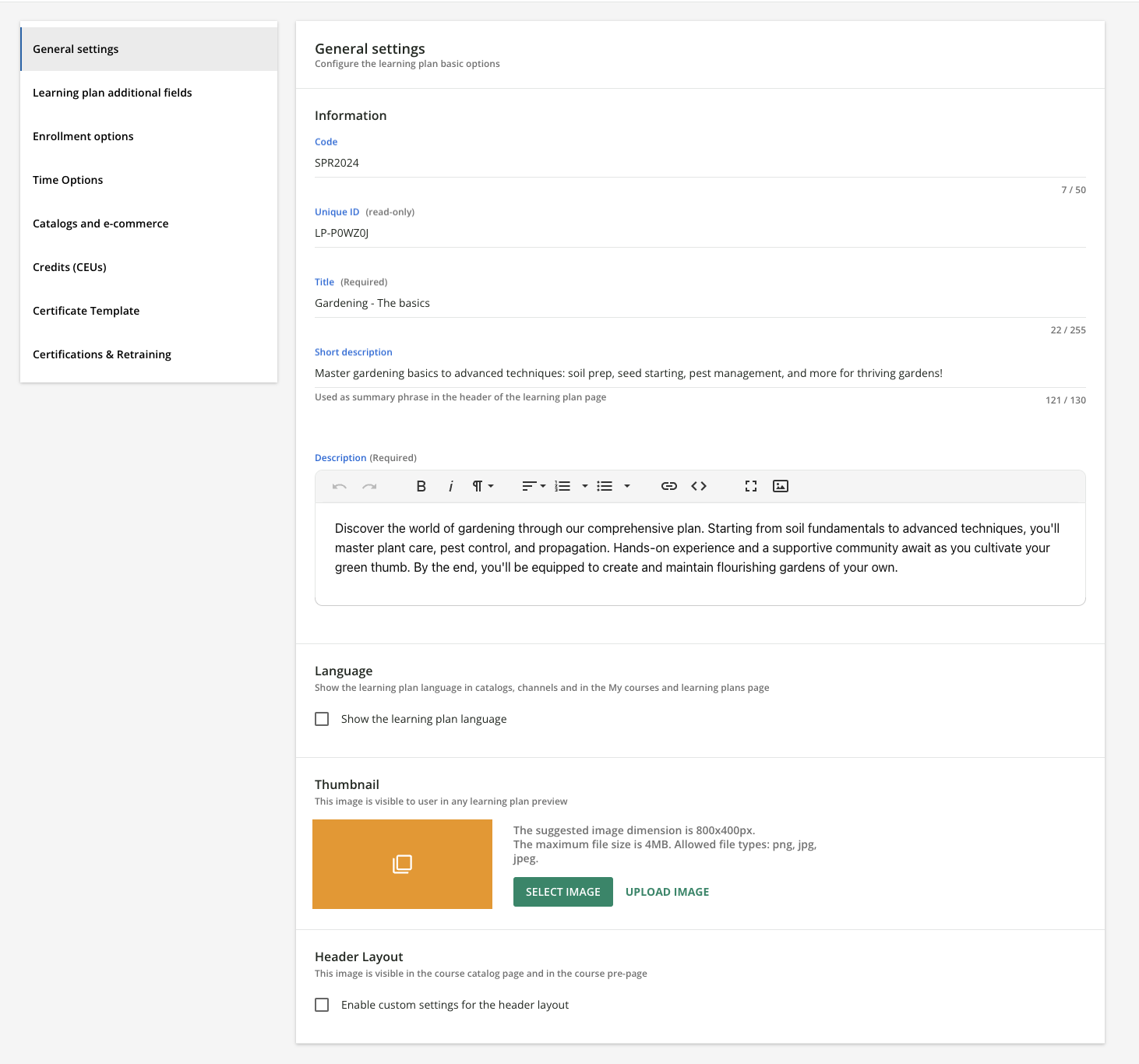 General settings for a learning plan