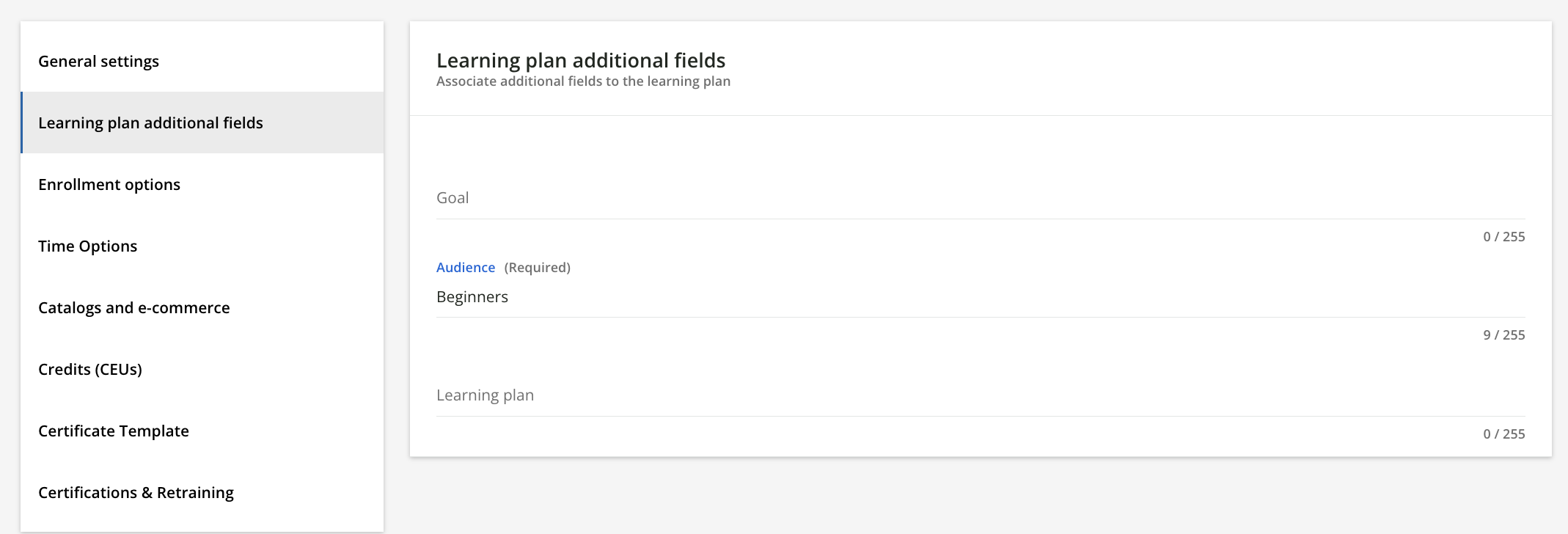 Learning plan additional fields