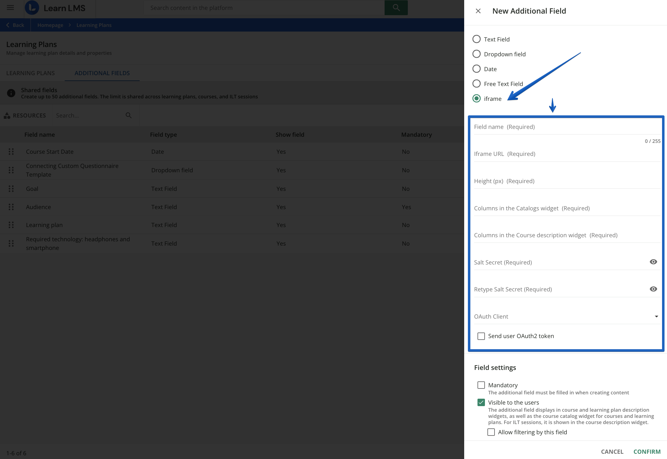 Iframe additional fields