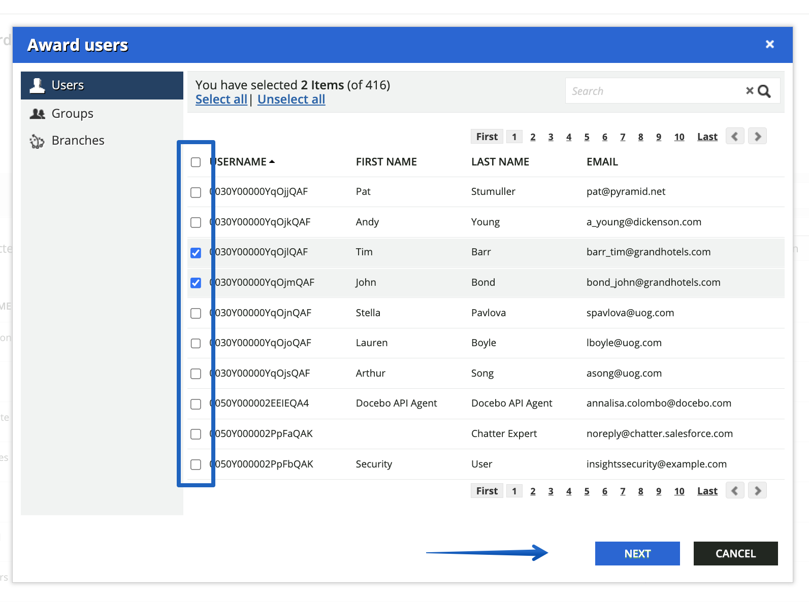 Selecting the users to award
