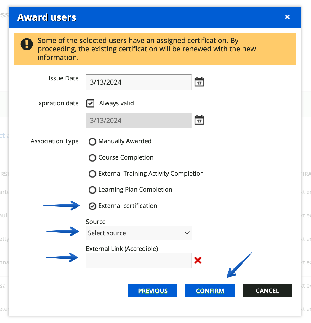 Configuring the dates, source and link of the external certification
