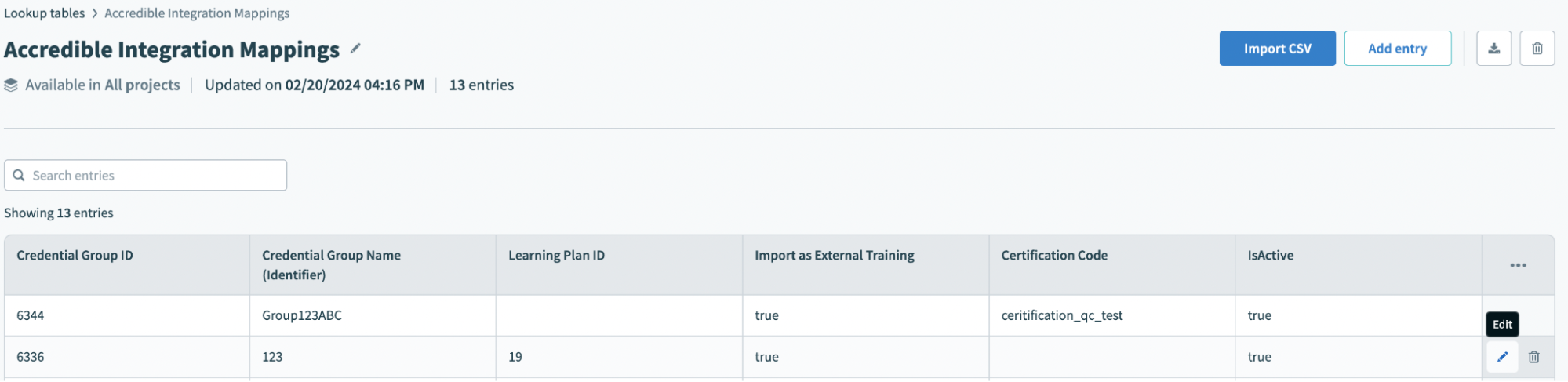 An example Accredible integration mappings table