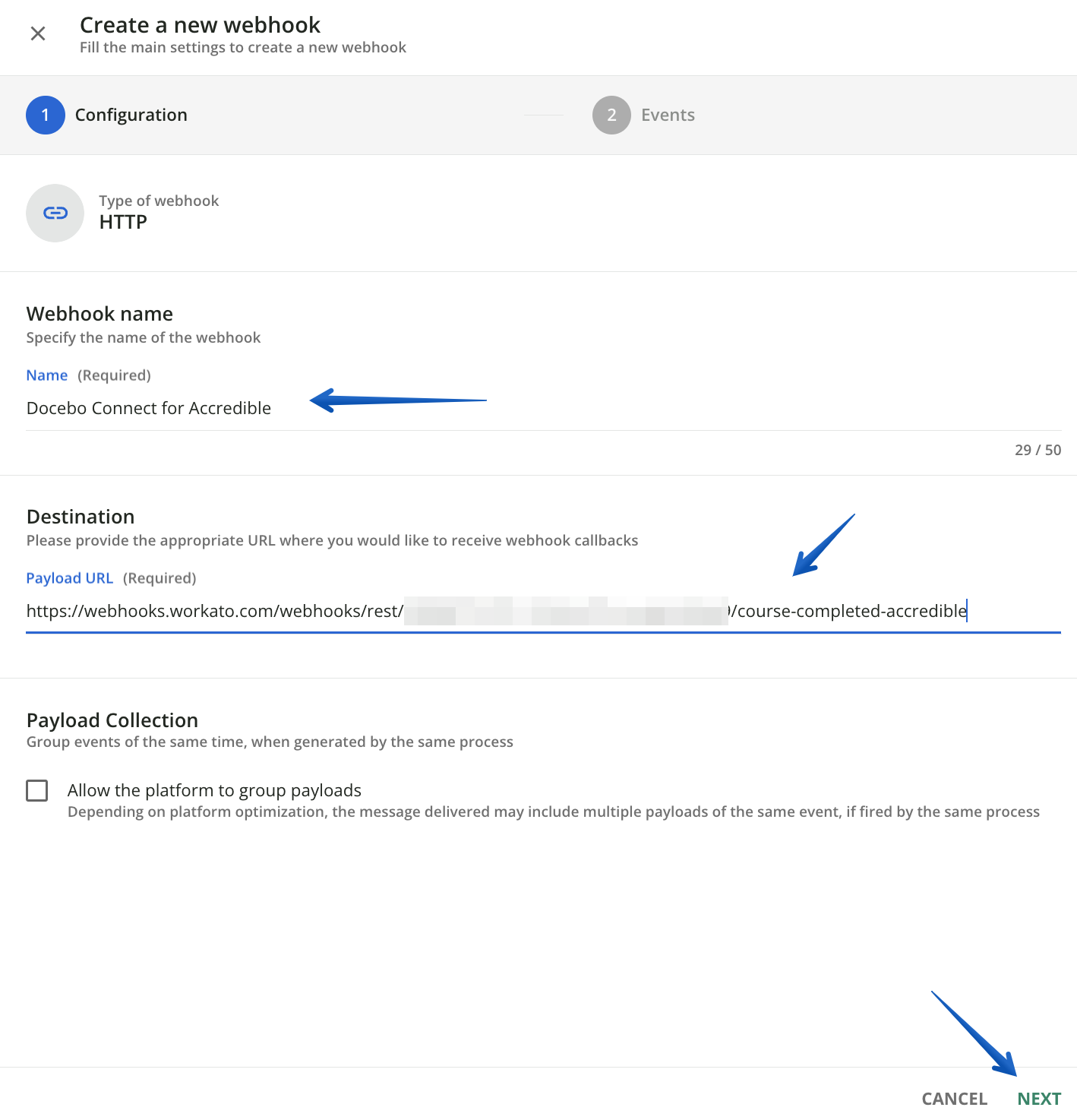 Configuring a new webhook in Docebo