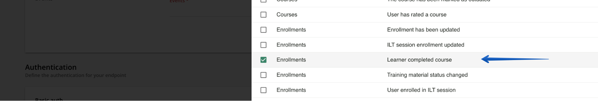 Selecting the Docebo events for the webhook