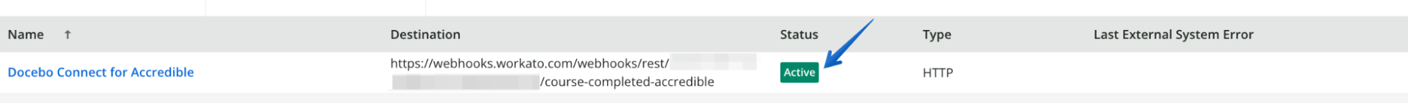 The webhook's status is now active