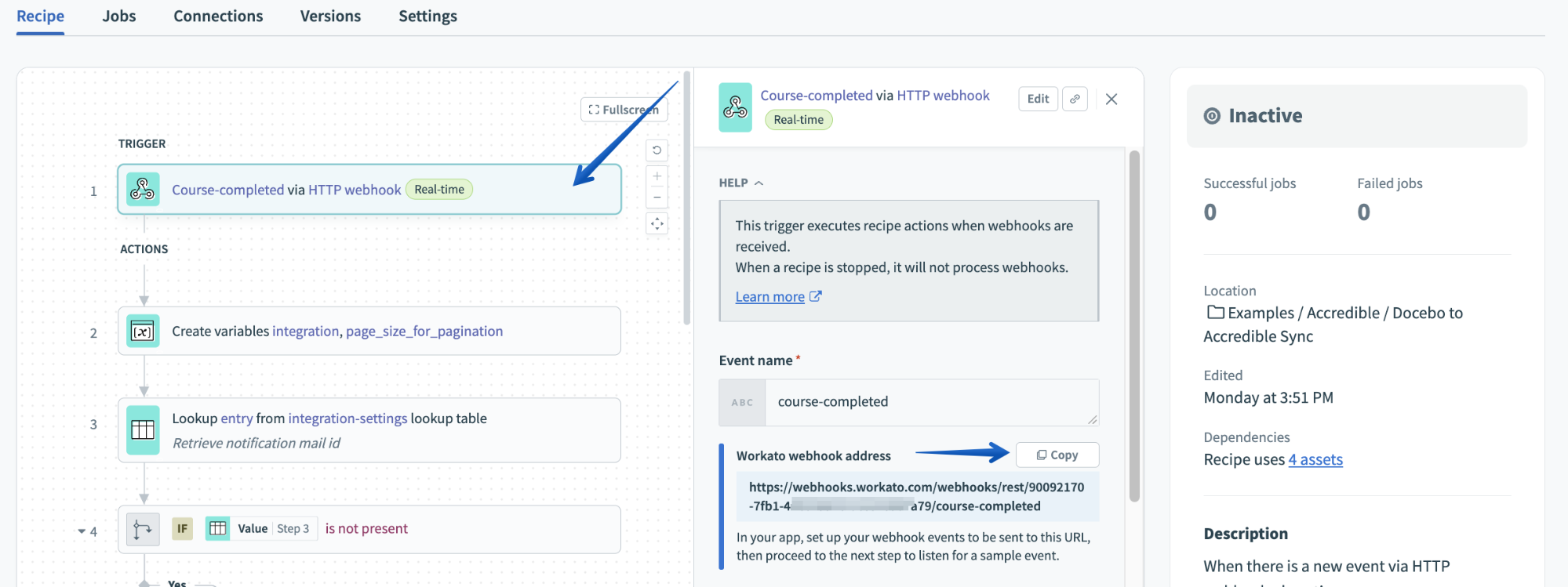 Copying the Workato webhook URL to the clipboard