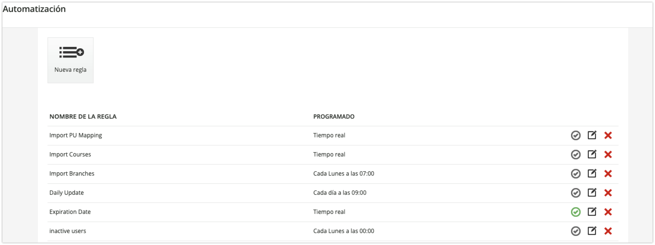 Página de la aplicación Automatización