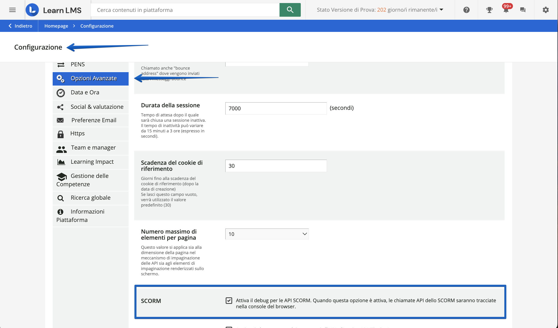 Opzioni debug SCORM