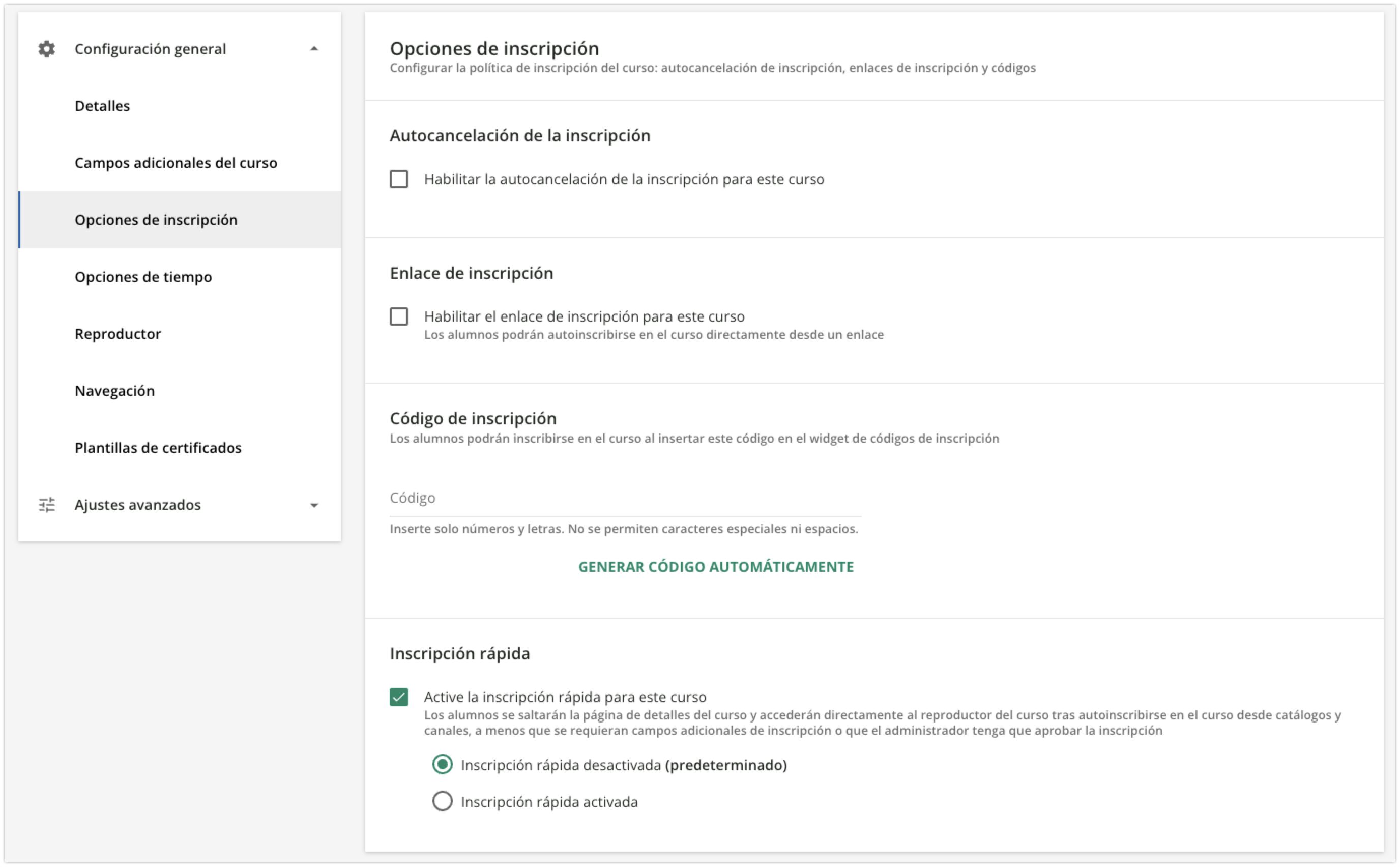 Opciones de inscripción en los cursos