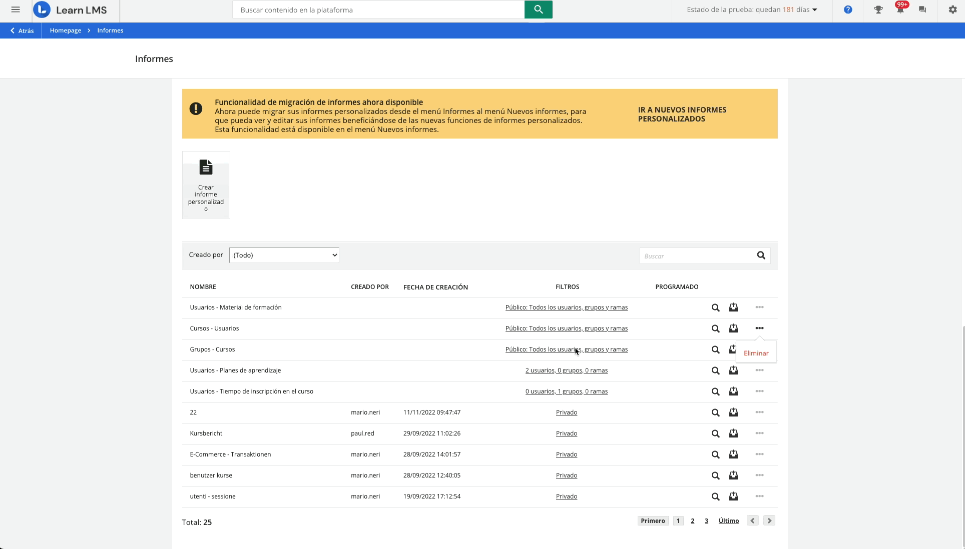 Cambiar la visibilidad de los informes