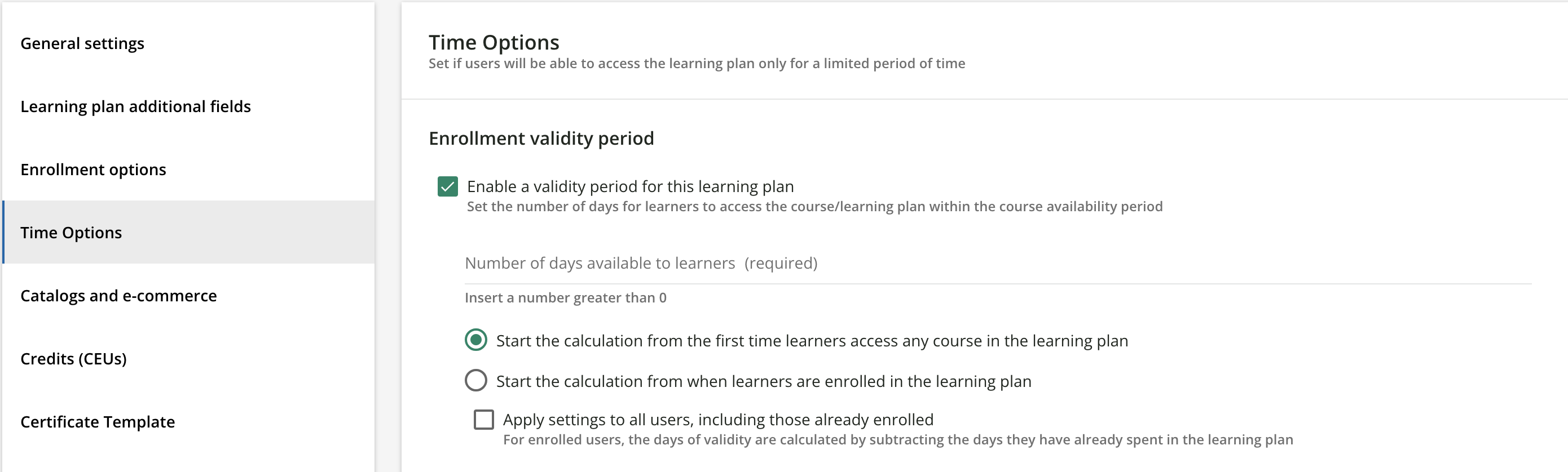Learning plan enrollment validity period
