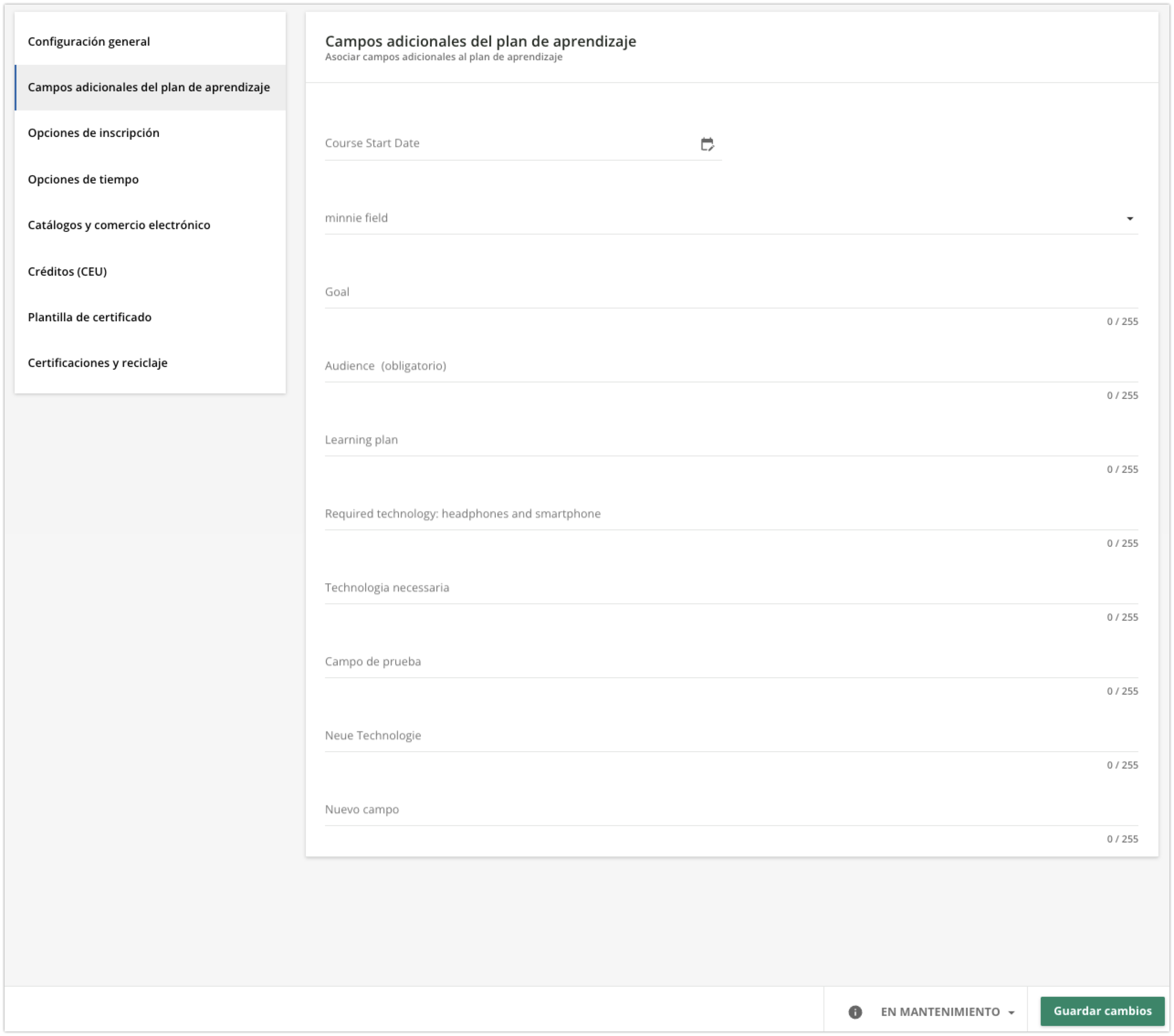Campos adicionales del plan de aprendizaje