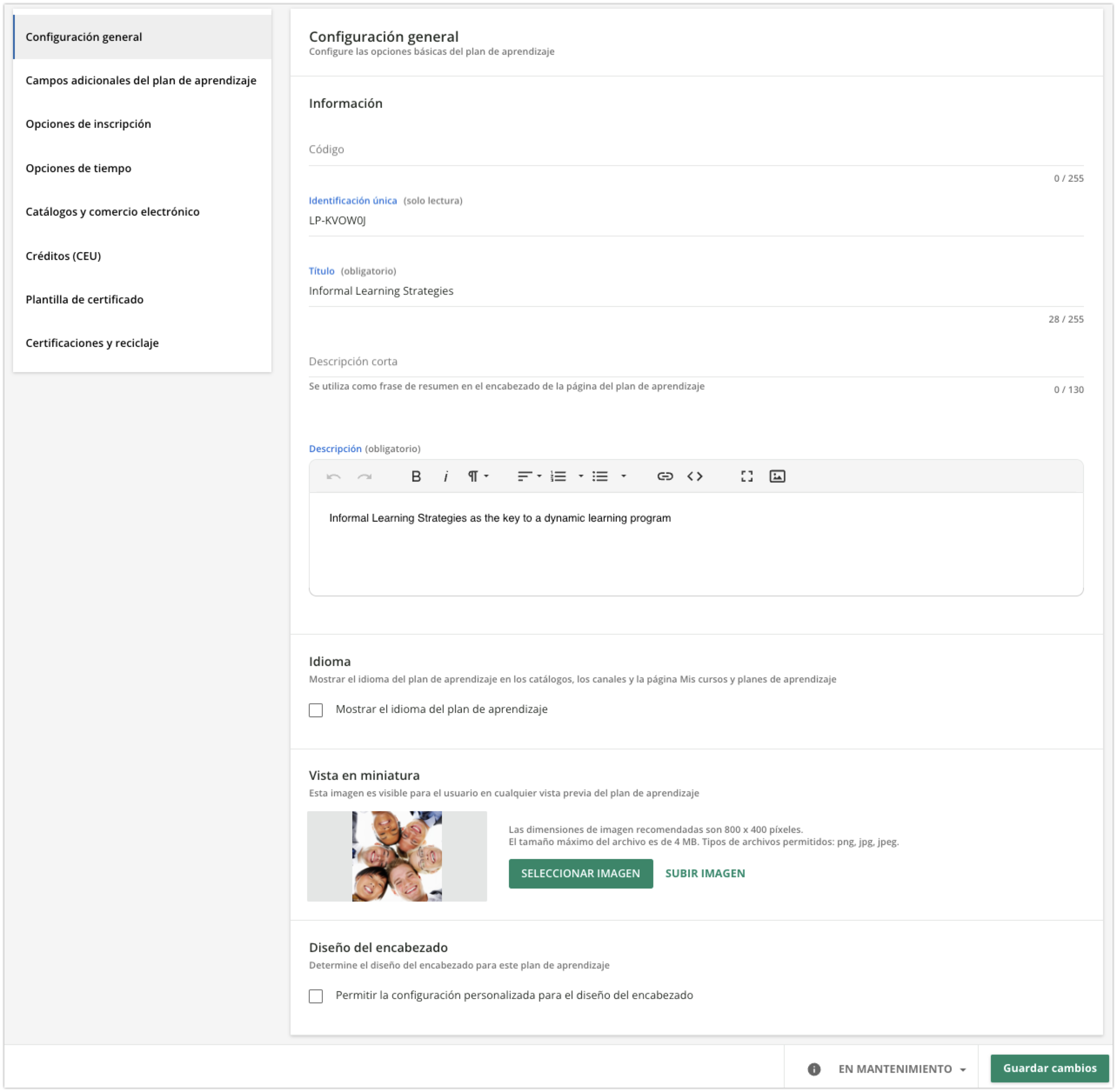 Área de configuración de los planes de aprendizaje