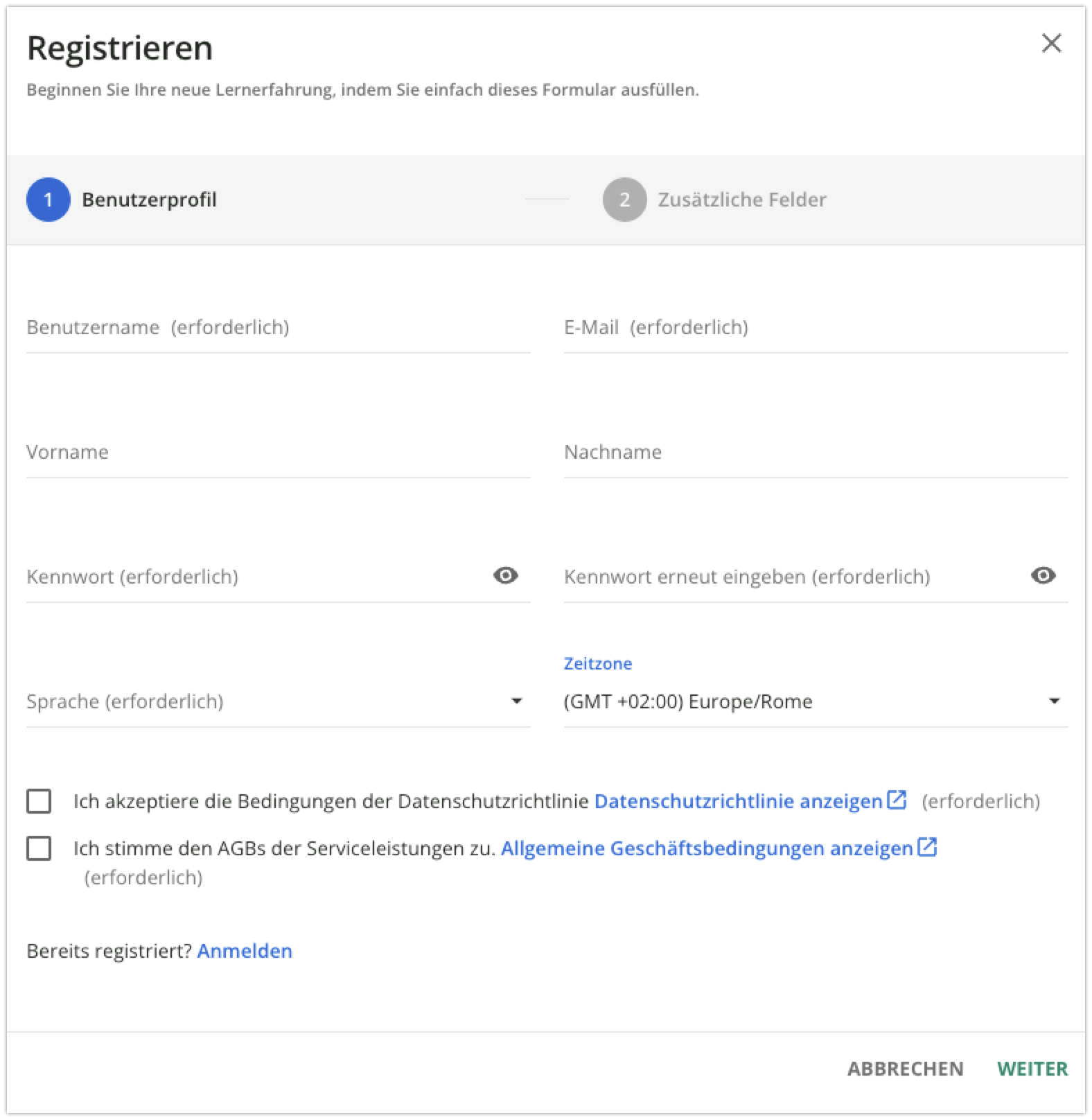 Registrierungsformular bei deaktivierter Schnellregistrierung