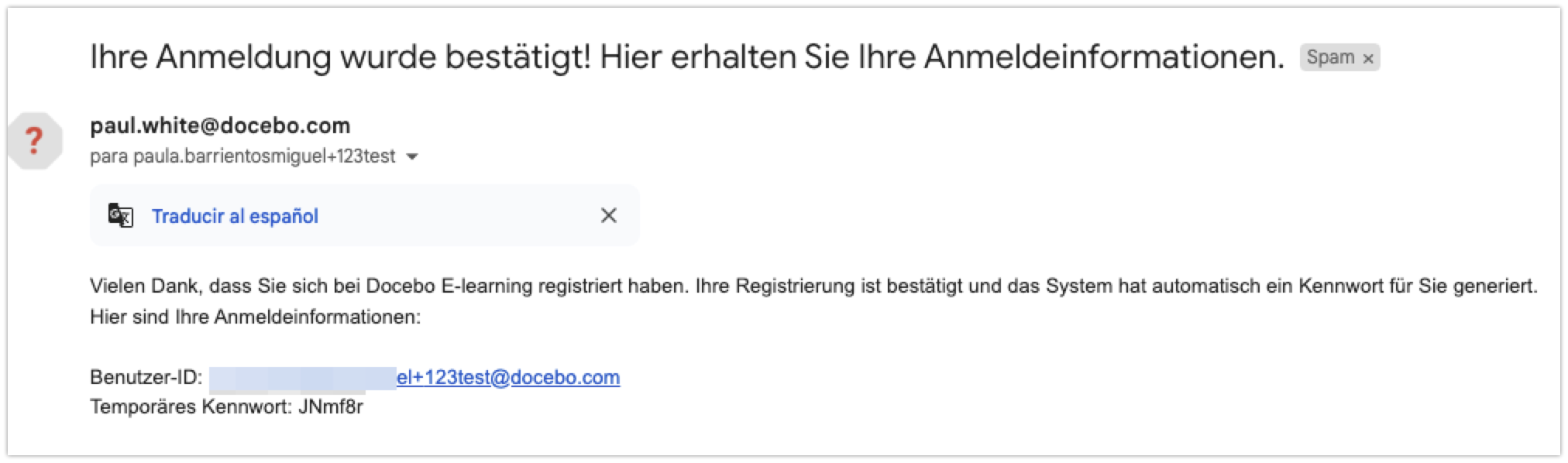 E-Mail mit den Anmeldeinformationen bei der freien Selbstregistrierung