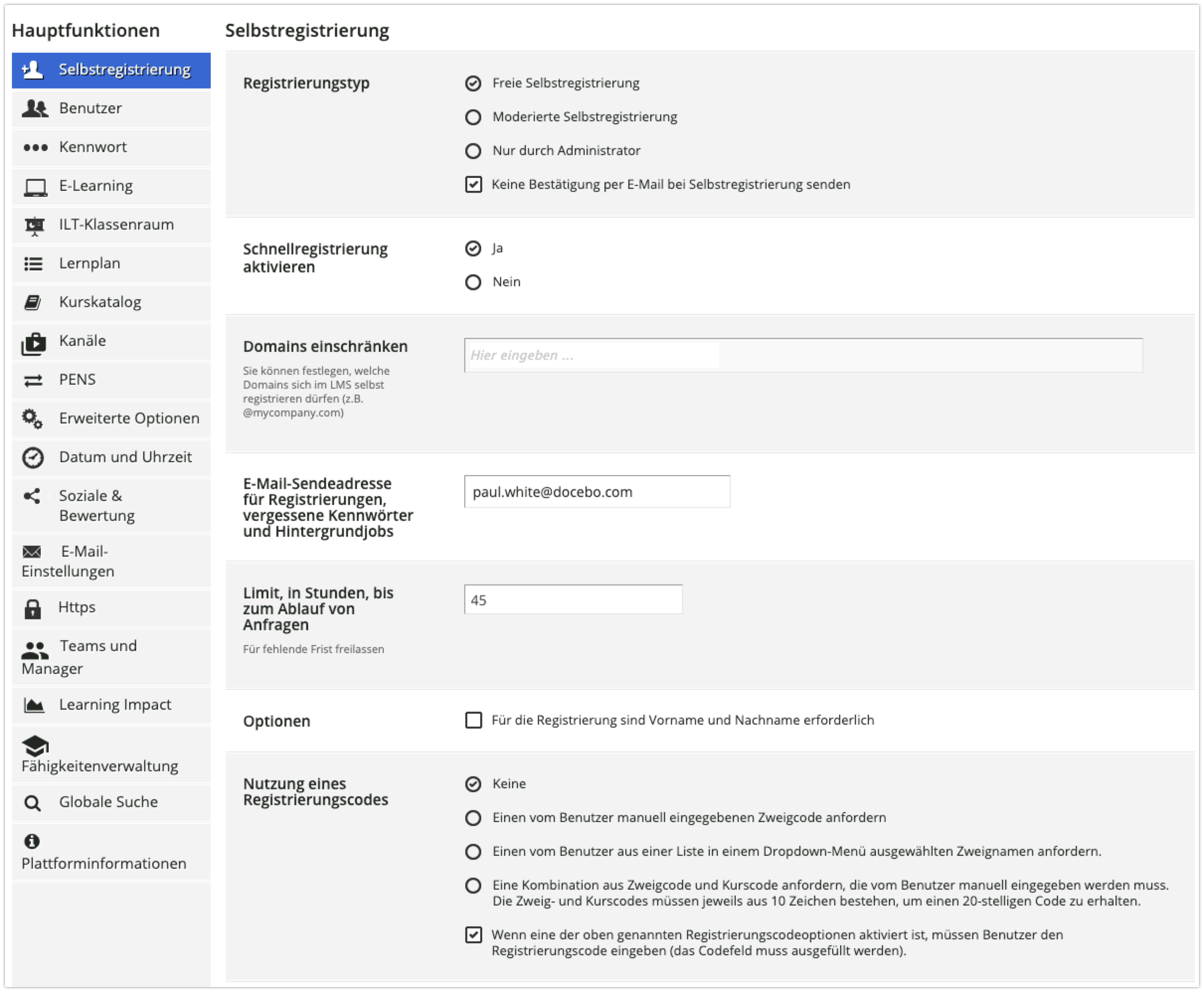 Selbstregistrierung in den Erweiterten Einstellungen