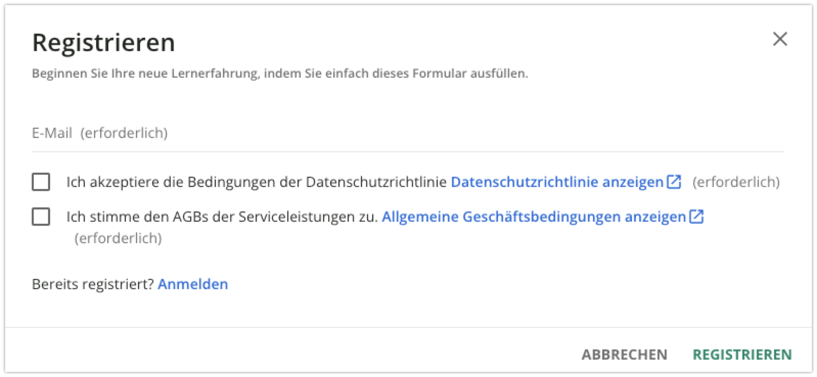 Registrierungs-Popup