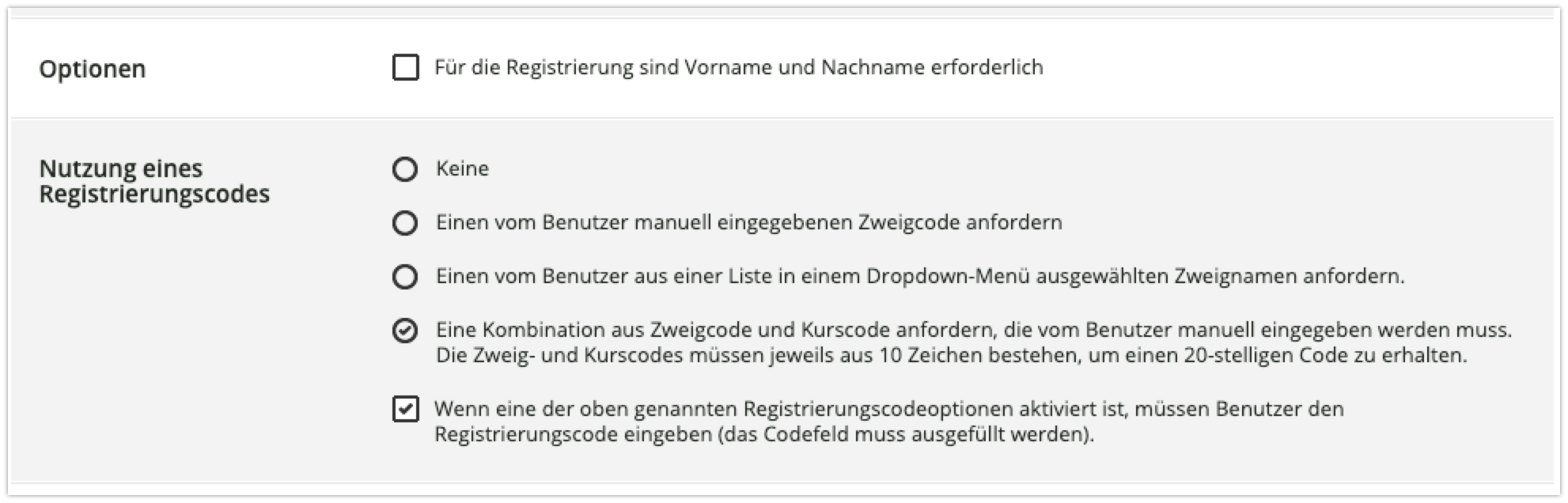 Optionen für Vor- und Nachnamen und Nutzung eines Registrierungscodes