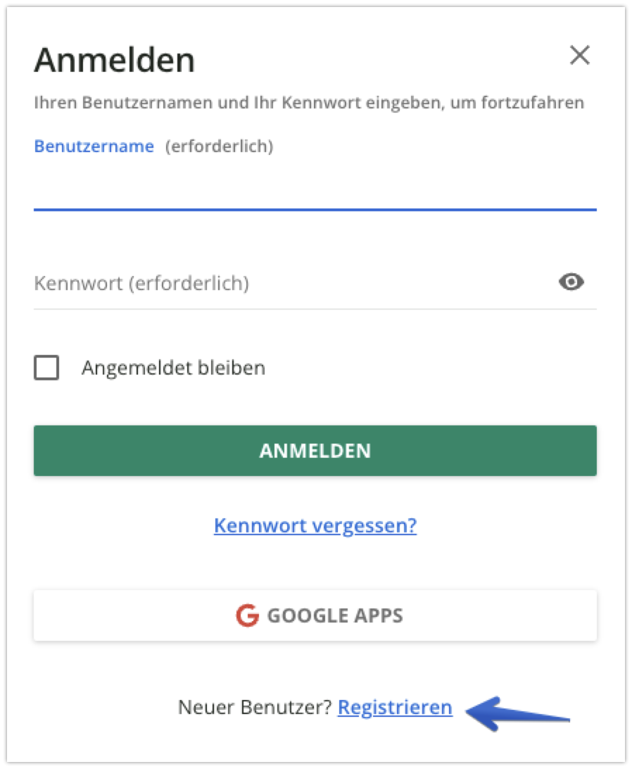Anmeldefenster mit Option zur Registrierung