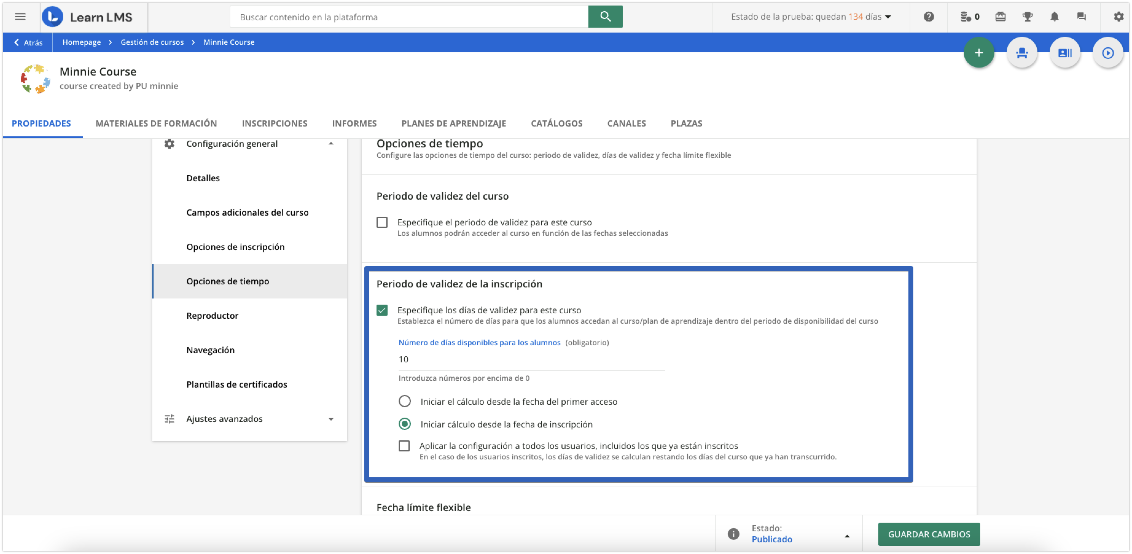 Configuración del periodo de validez de la inscripción