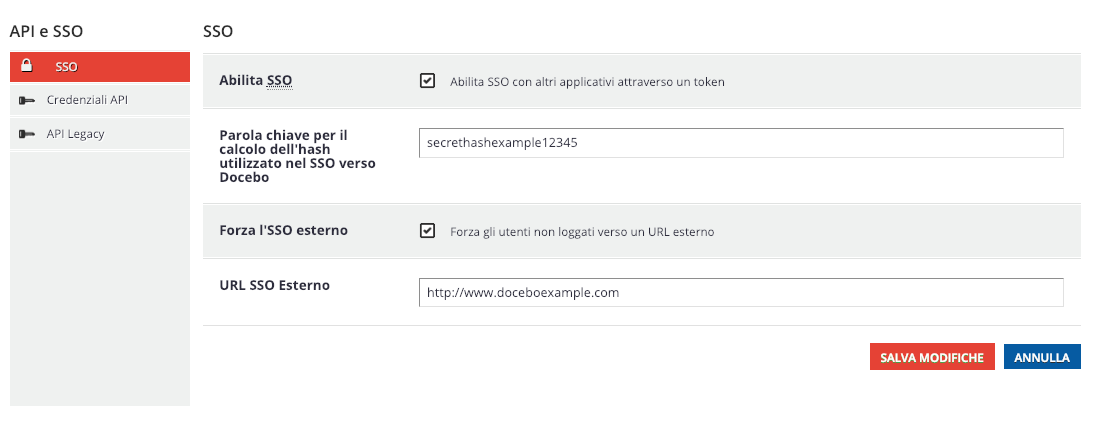 api e sso impostazioni