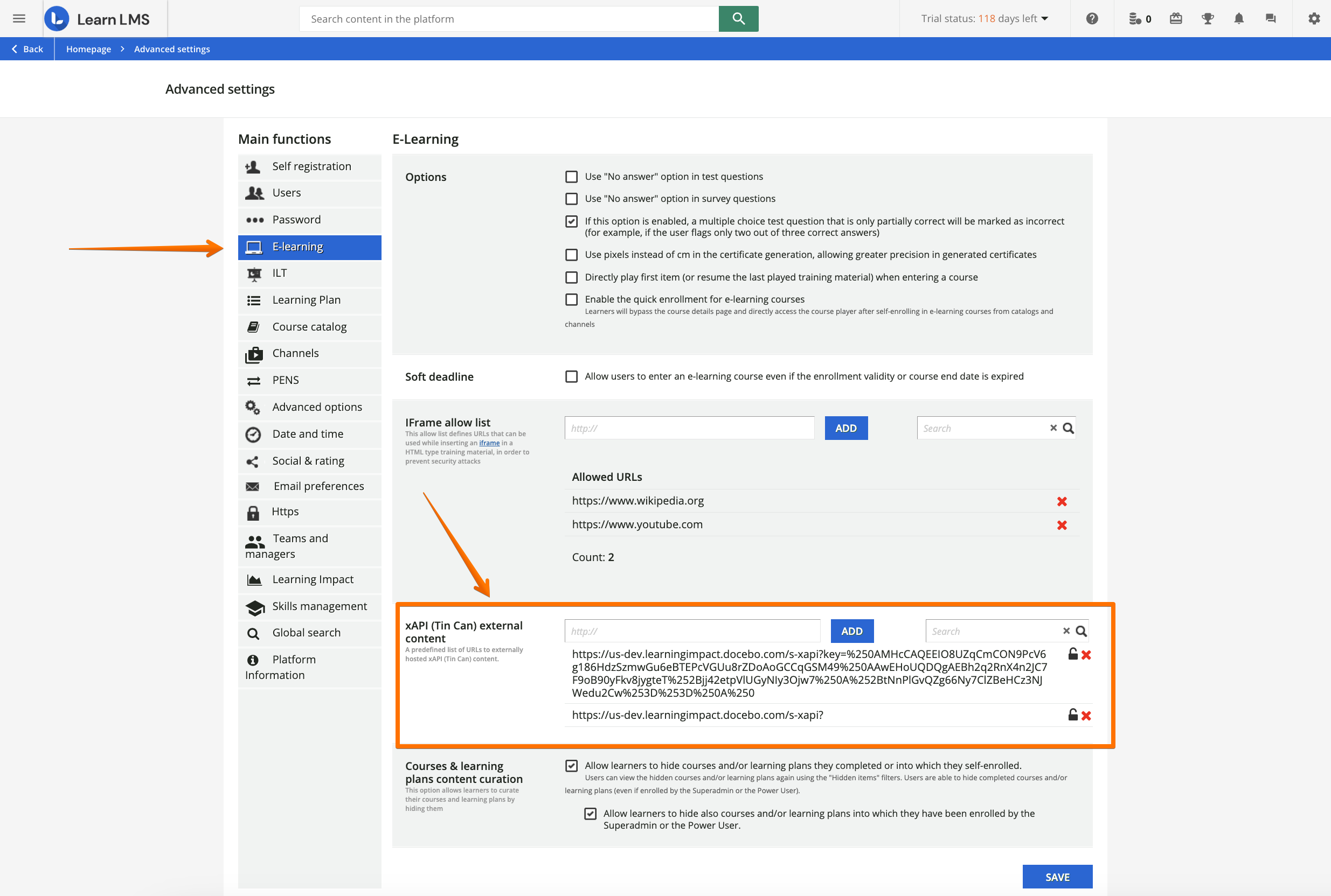 XAPI external content in the Advanced settings