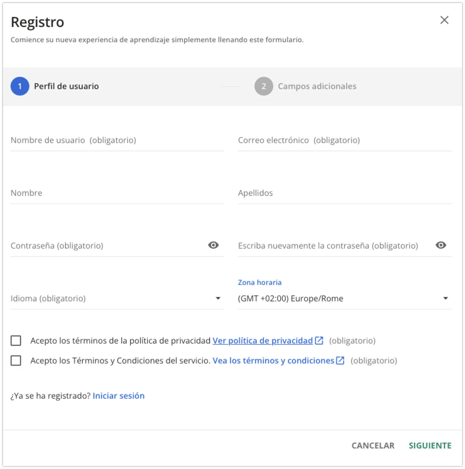 Formulario de registro sin la opción de registro rápido