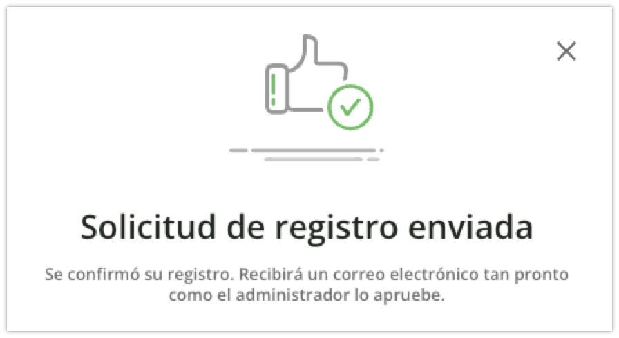 Notificación de solicitud de registro enviada con el autorregistro moderado
