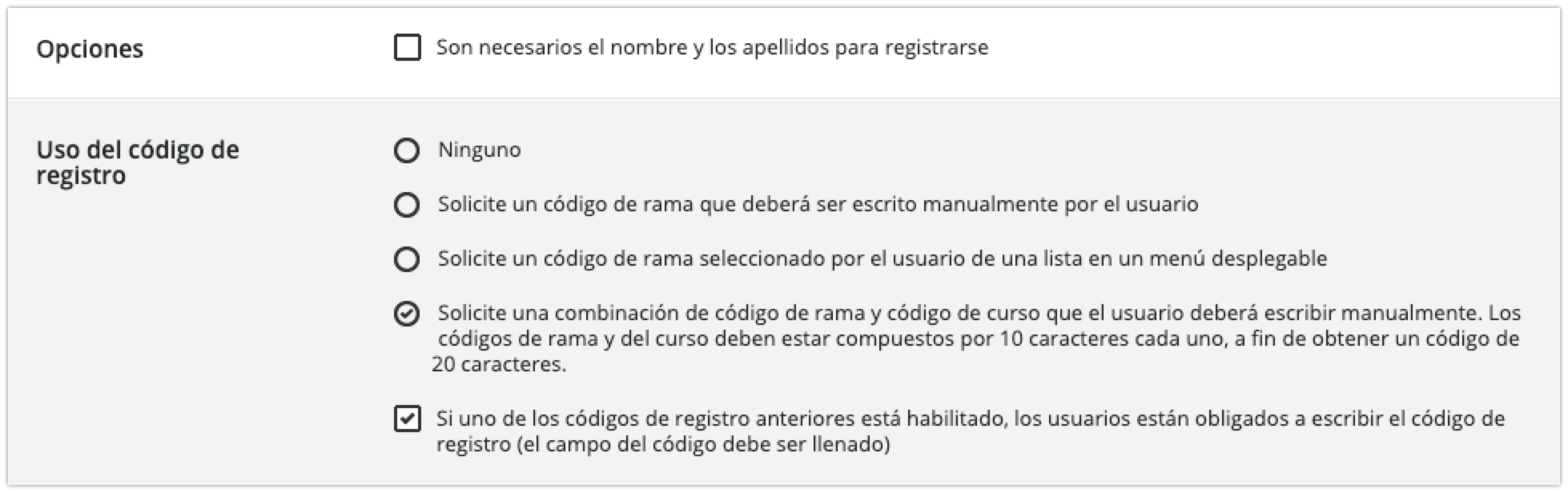 Secciones Opciones y Uso del código de registro