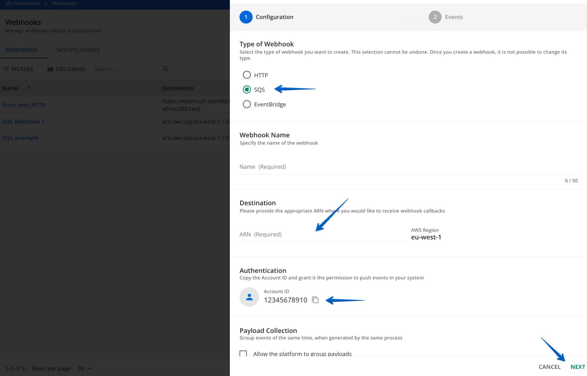 Creating an SQS webhook