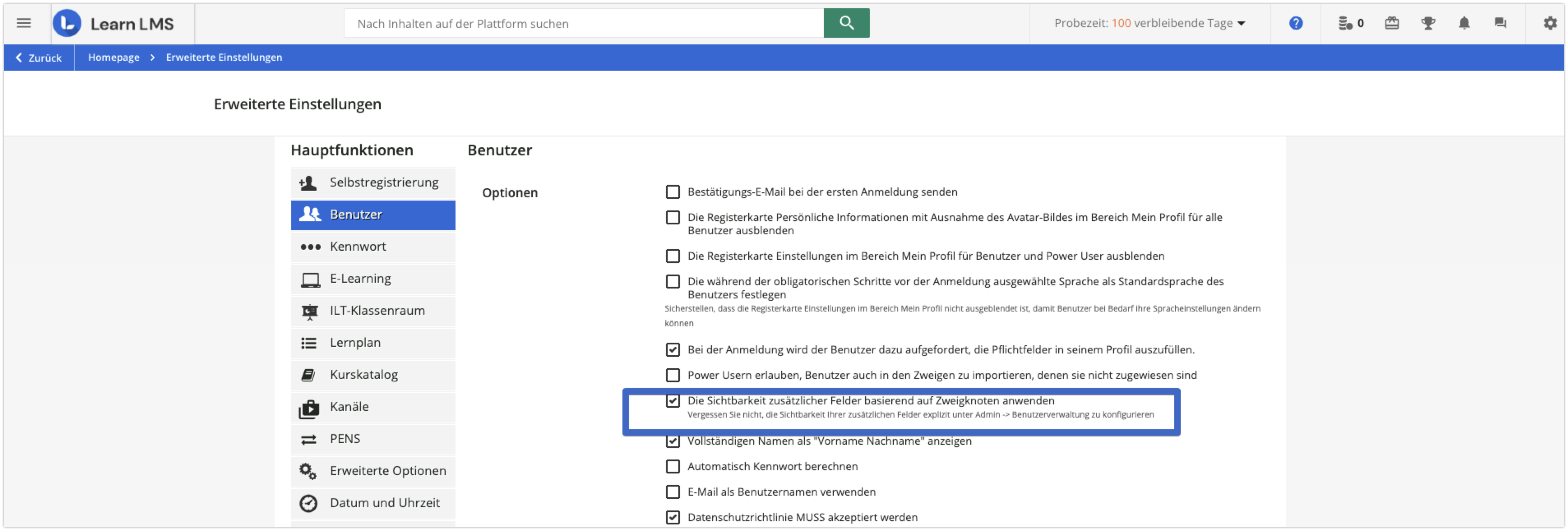 Option zur Sichtbarkeit zusätzlicher Felder basierend auf Zweigknoten