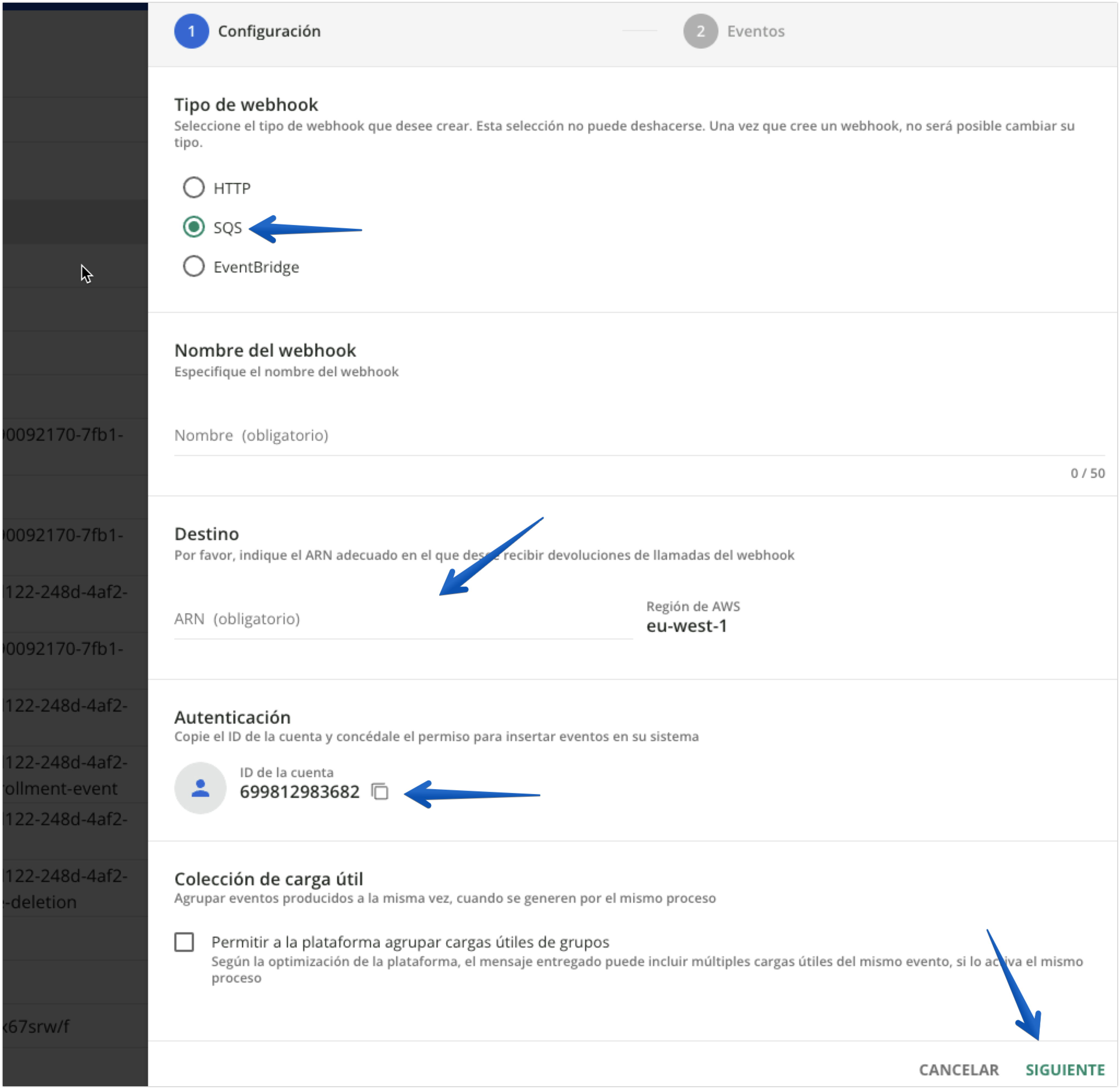 Creación de un nuevo webhook SQS