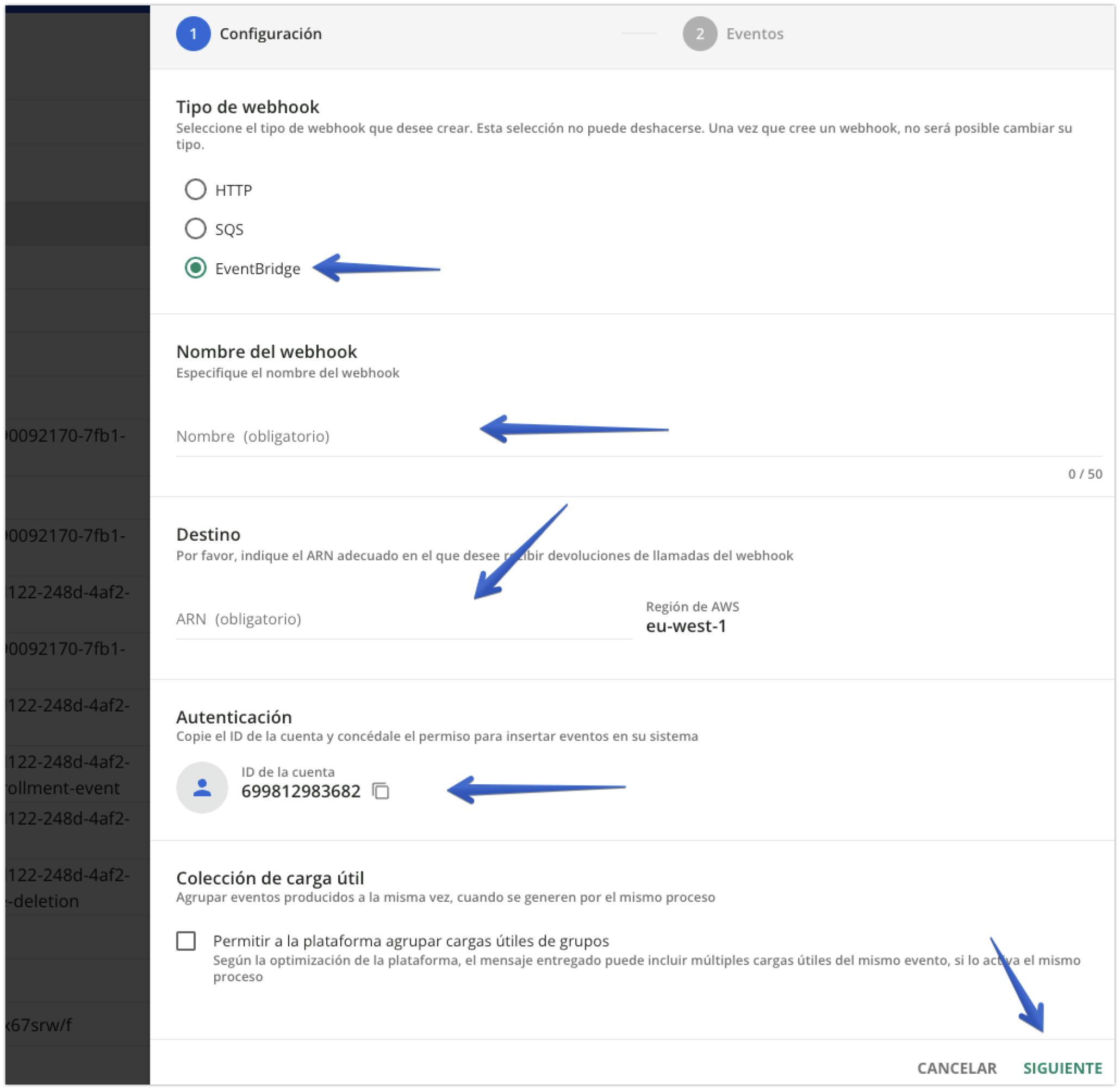 Creación de un nuevo webhook de EventBridge