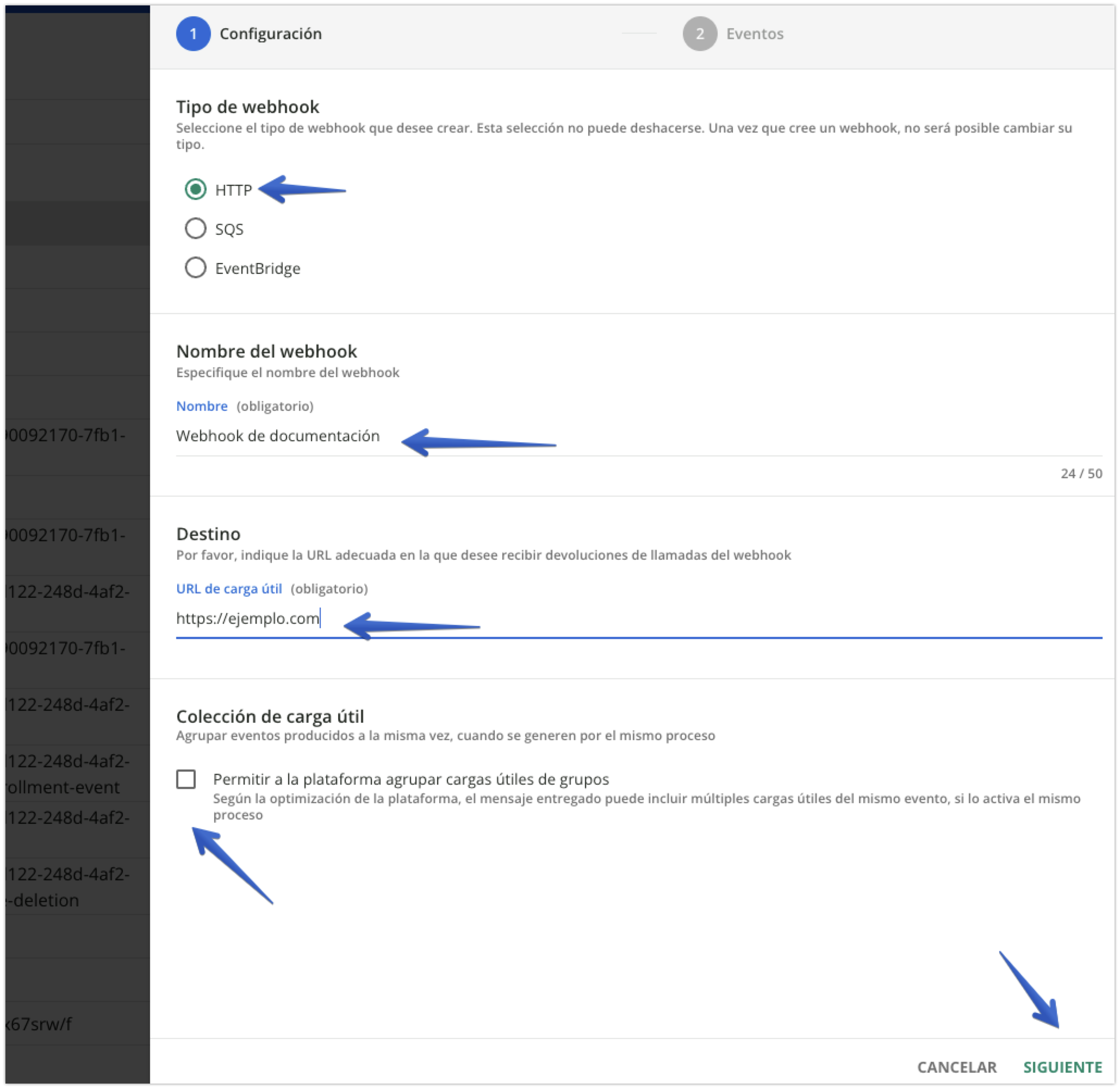 Creación de un nuevo webhook HTTP