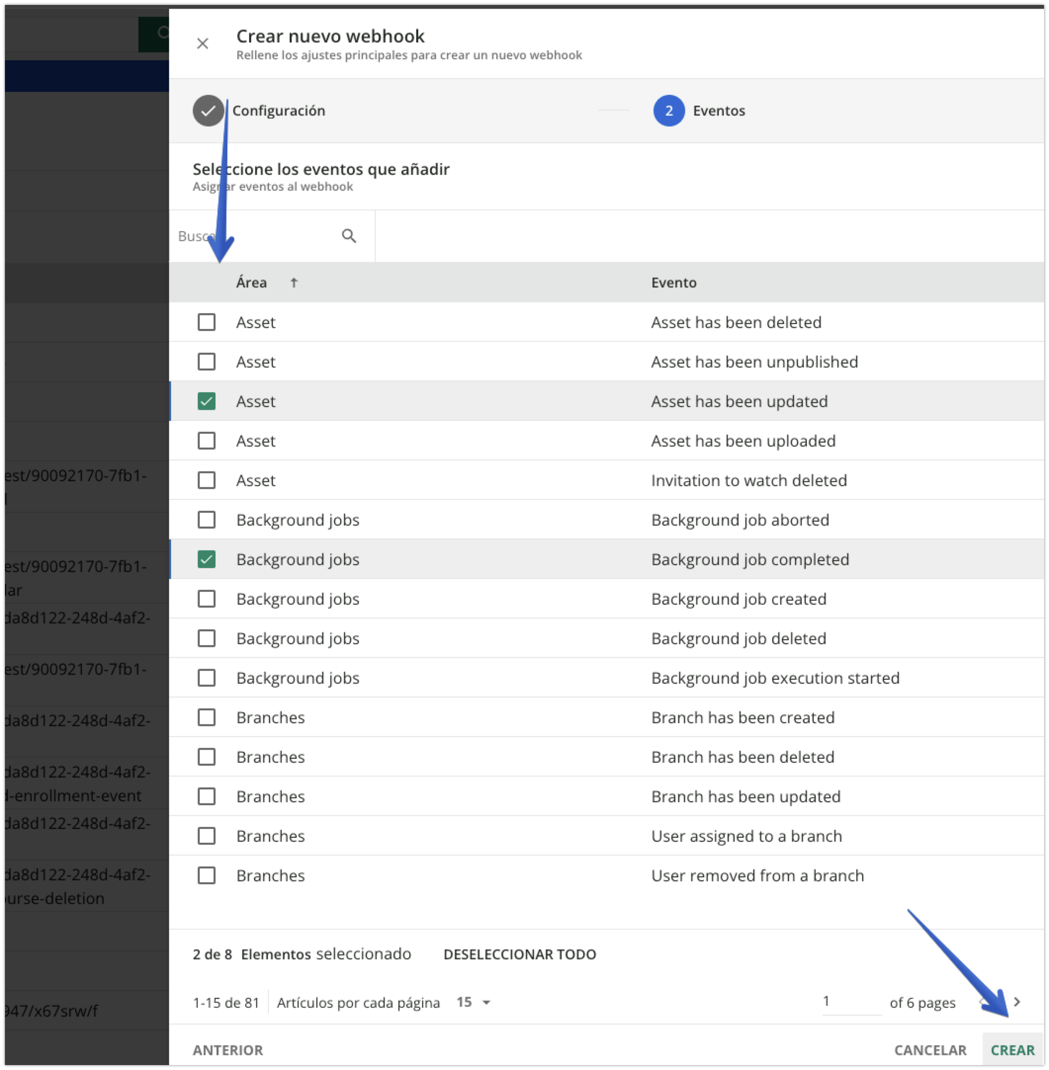 Seleccionar eventos que añadir y crear el webhook