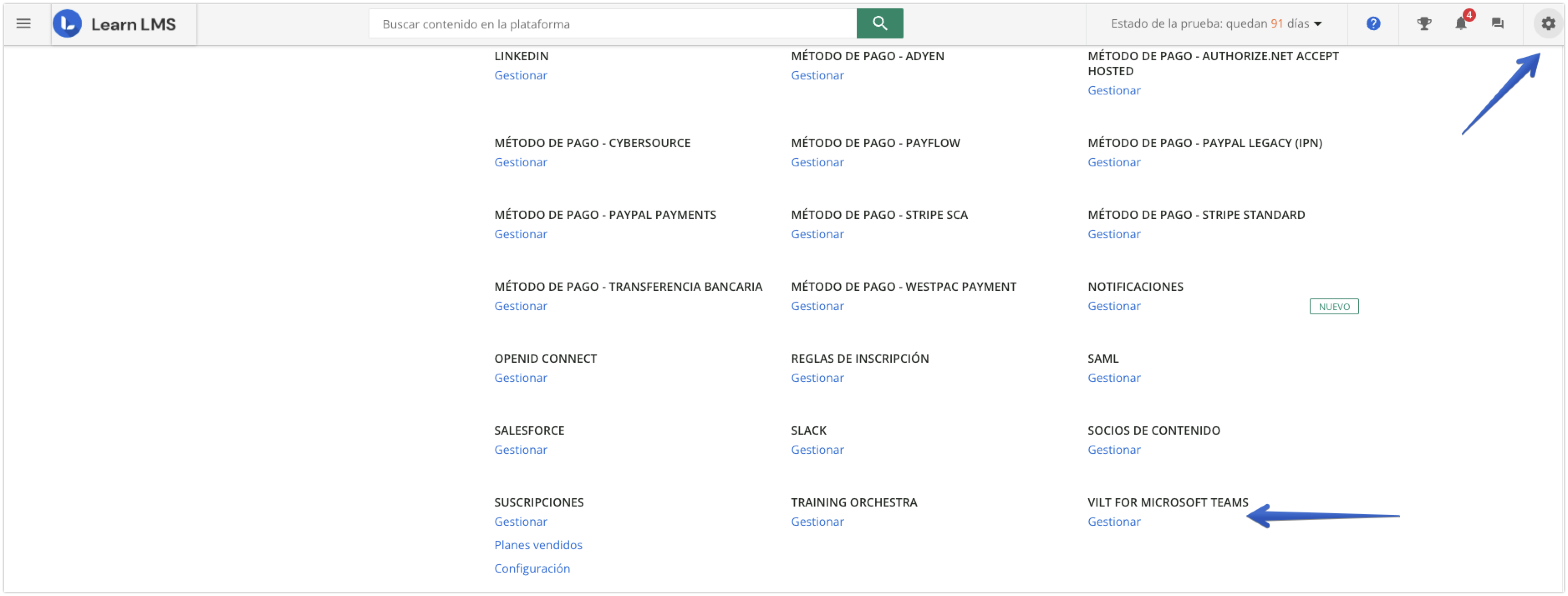 VILT para Microsoft Teams en el menú de administrador