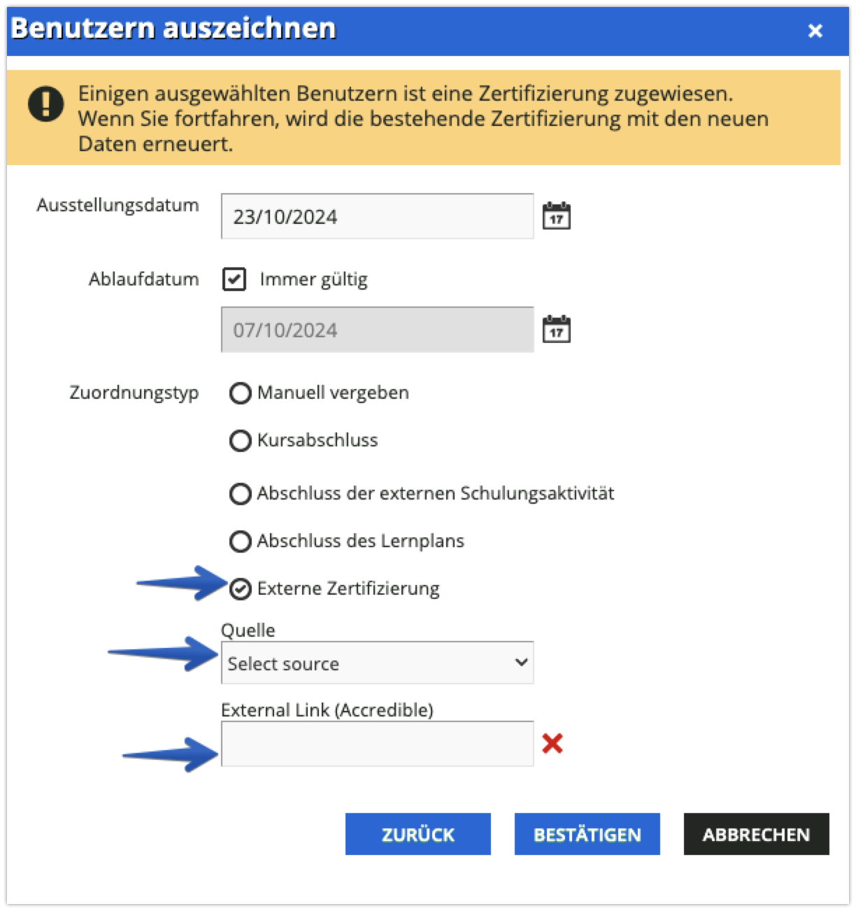 Konfigurieren und Bestätigen der Auszeichnung
